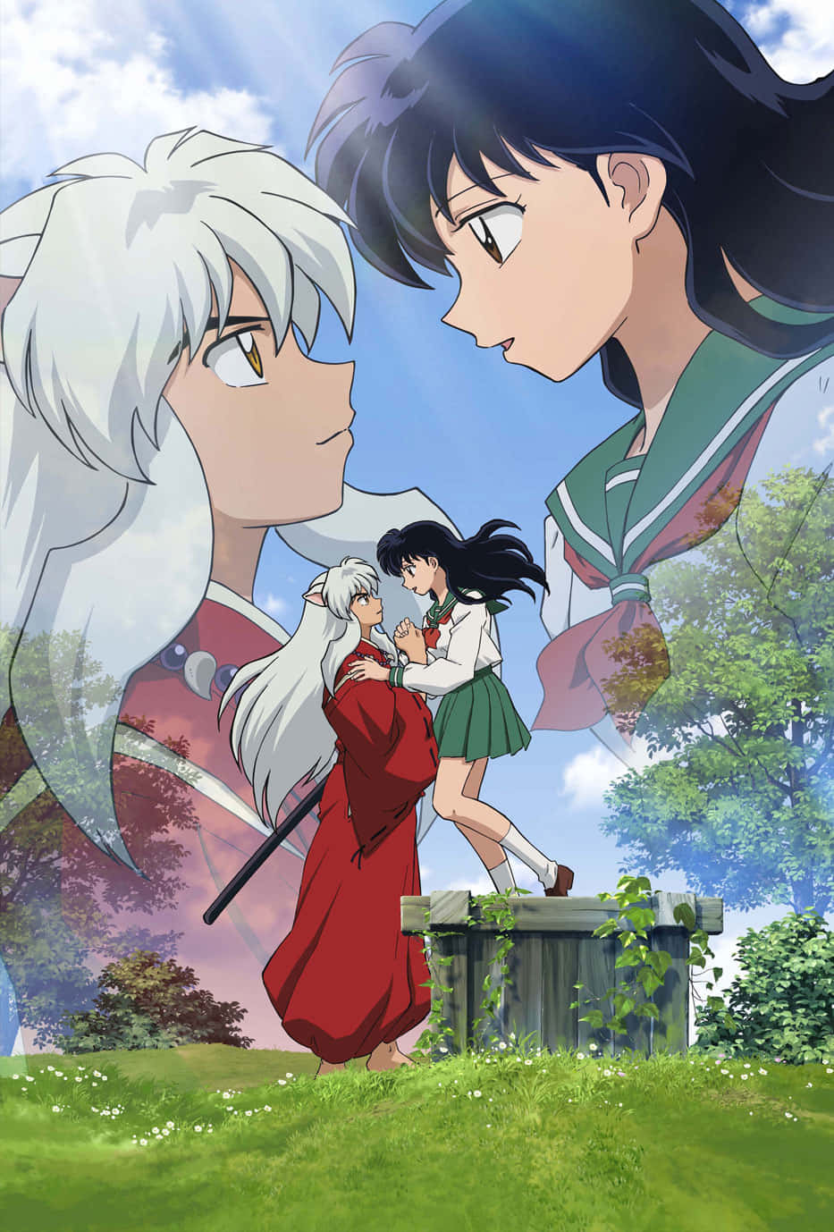 《犬夜叉》與女友桔梗手機壁紙 壁紙 — 兩個動漫角色俯視著一對情侶在陽光照耀的草地上，在長滿苔蘚的石頭上擁抱。