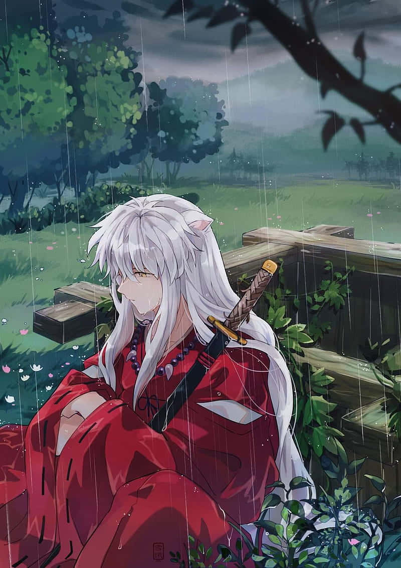 《犬夜叉》雨中等待手機壁紙 壁紙 — 一位銀髮動漫戰士身穿紅色和服，獨自坐在霧氣森林中木柵欄旁的雨中。