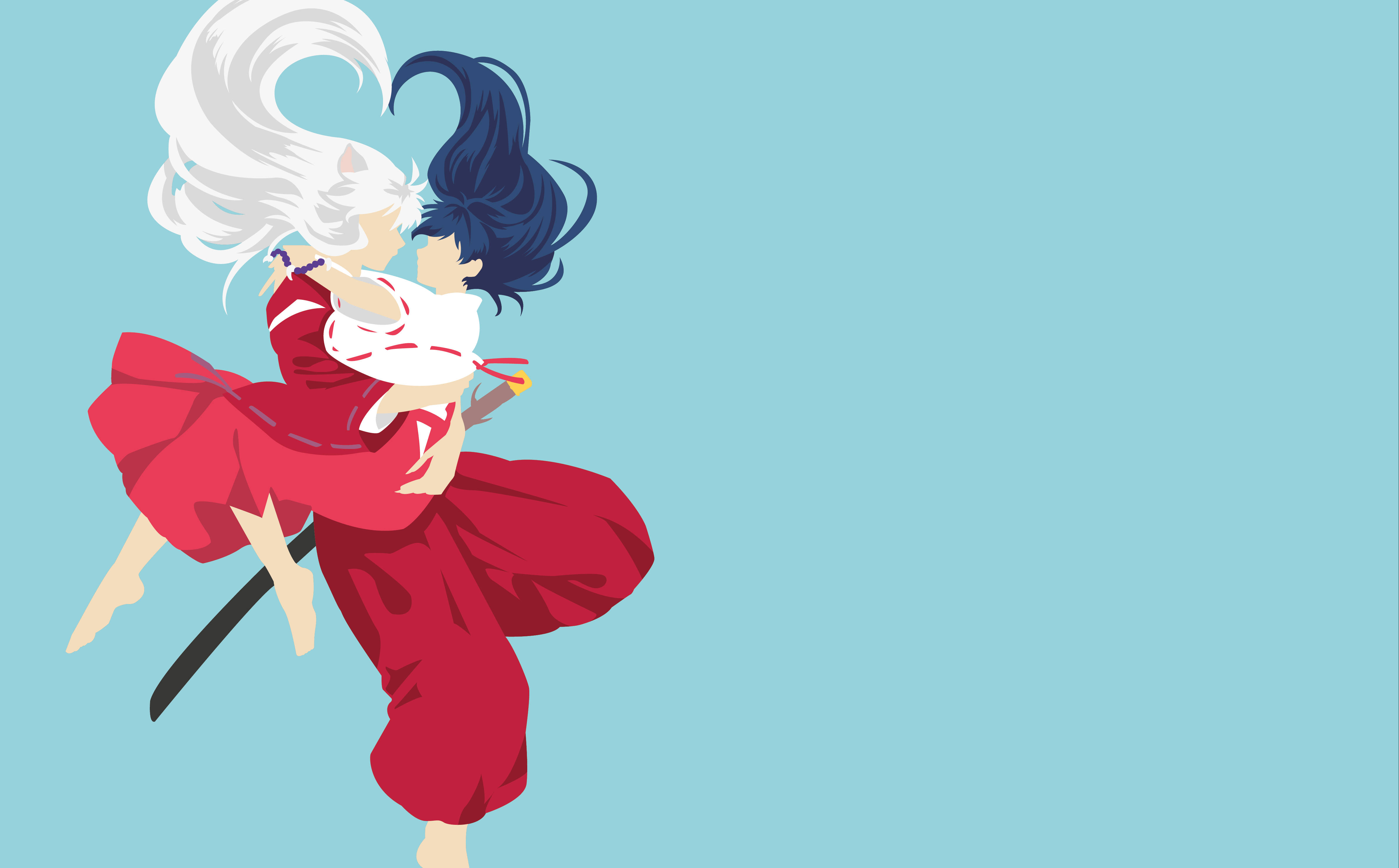 犬夜叉背著 Kagome 壁紙 — 兩個身穿紅色服裝的動漫角色在純淺藍色背景上動態地擁抱。
