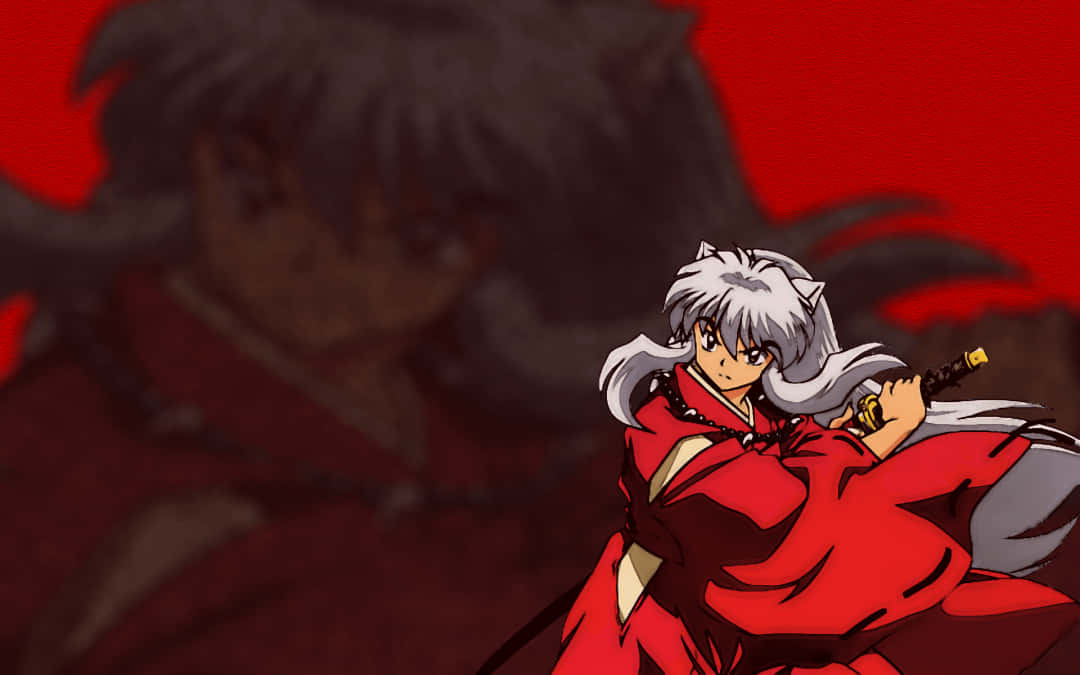 犬夜叉與 Kagome 壁紙 — 一位銀髮動漫戰士身穿紅色和服，在模糊的紅色背景前握劍，身後有一個陰影人物潛伏。