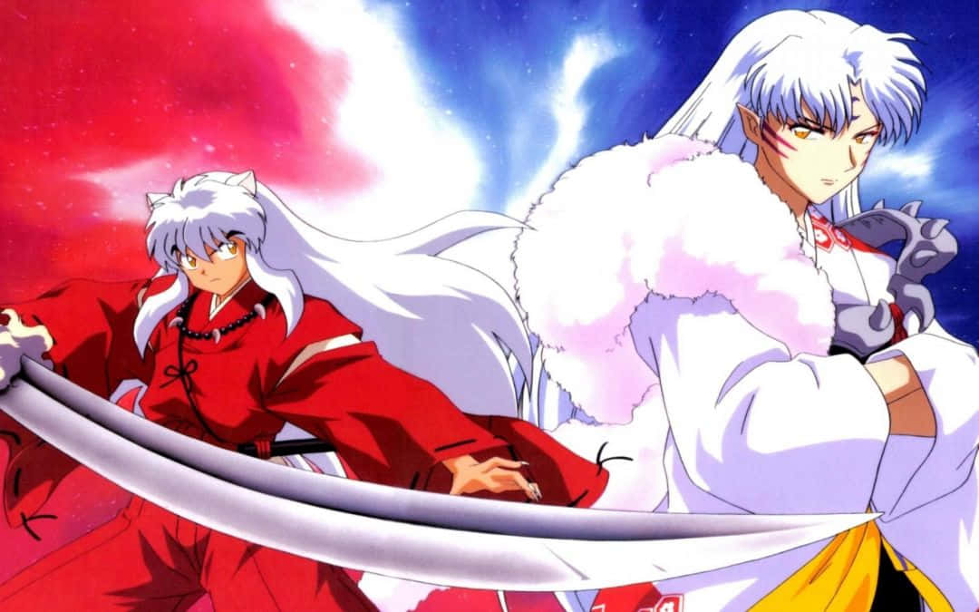 犬夜叉與 Kagome 在美麗山景中擁抱 壁紙 — 兩位白髮動漫戰士在宇宙紅藍天空下交鋒。