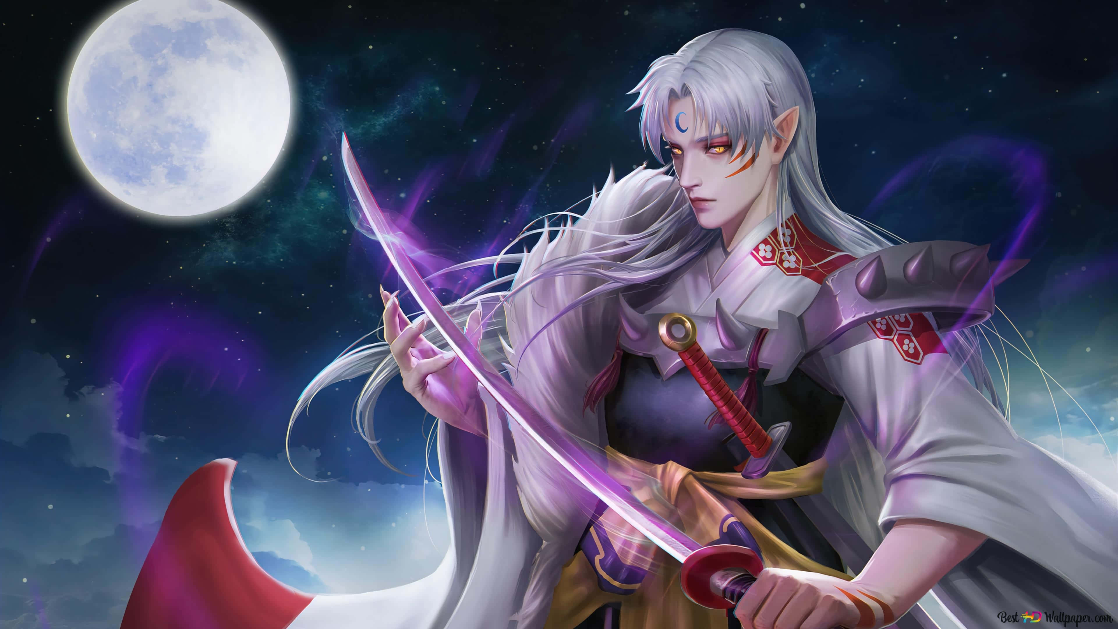 犬夜叉與 Kagome，強大的戰鬥組合 壁紙 — 一位銀髮紅眼的動漫戰士在滿月下的星空夜空中手持發光劍。
