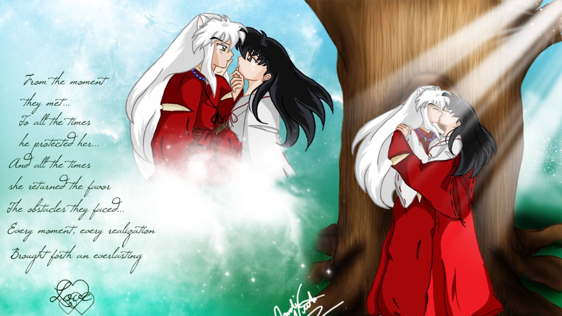犬夜叉與 Kagome 的浪漫同人畫 壁紙 — 兩個穿著紅色和白色和服的動漫角色在發光的樹下分享溫柔的親吻，背景是星空和詩意的文字疊加。