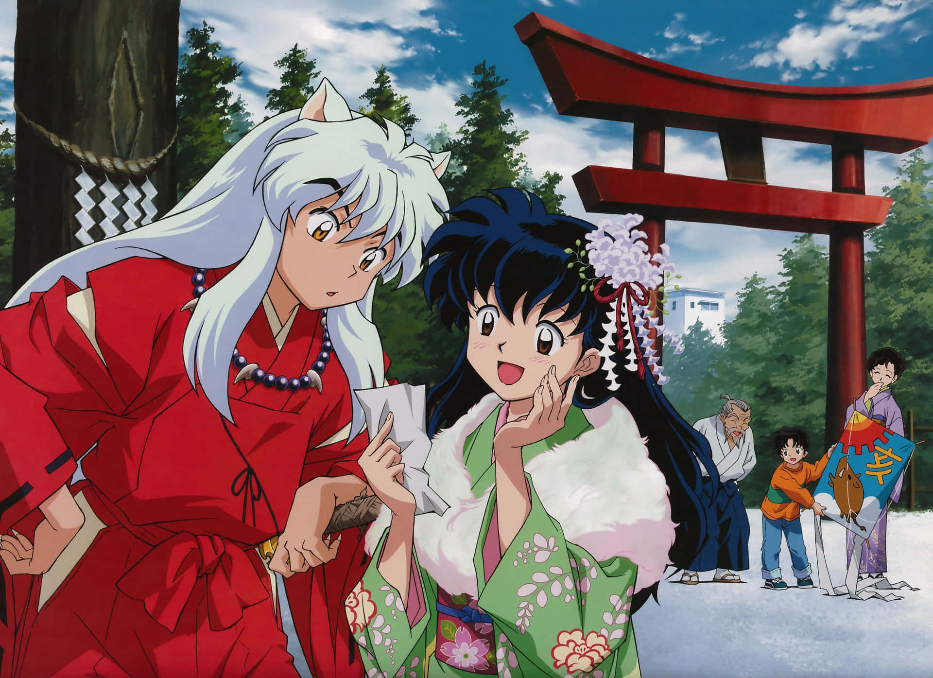 犬夜叉與 Kagome 繼續為聖玉而戰 壁紙 — 動漫角色犬夜叉和戈薇穿著傳統日本服裝，站在雪中神社環境的紅色鳥居前。