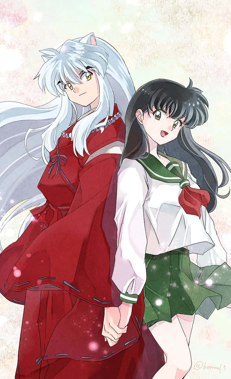 兩個動漫女孩牽手，一個穿紅色和服，一個穿綠色校服，帶有閃爍光點