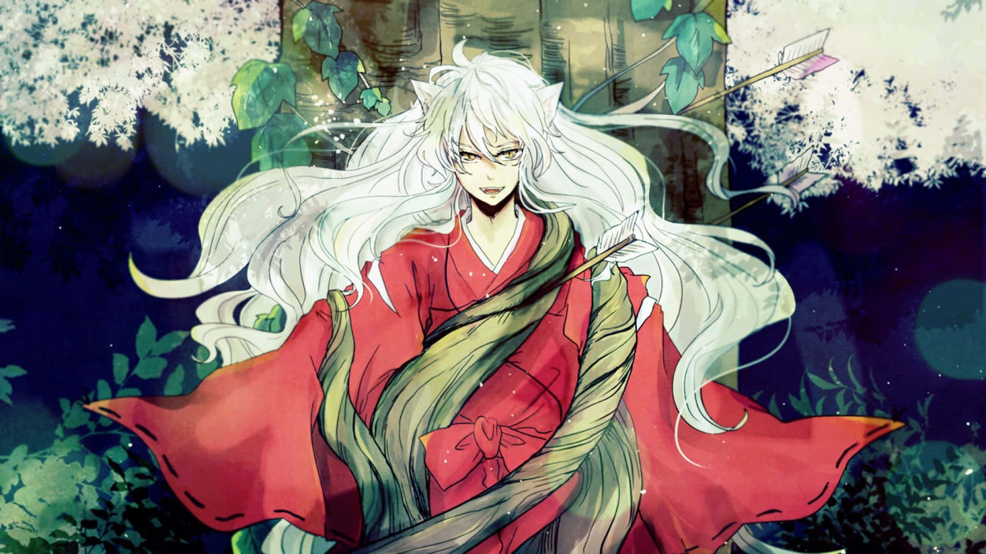 犬夜叉與殺生丸激烈對戰 壁紙 — 一個白髮動漫角色穿著紅色和服，站在星光夜空下閃爍的樹葉中。