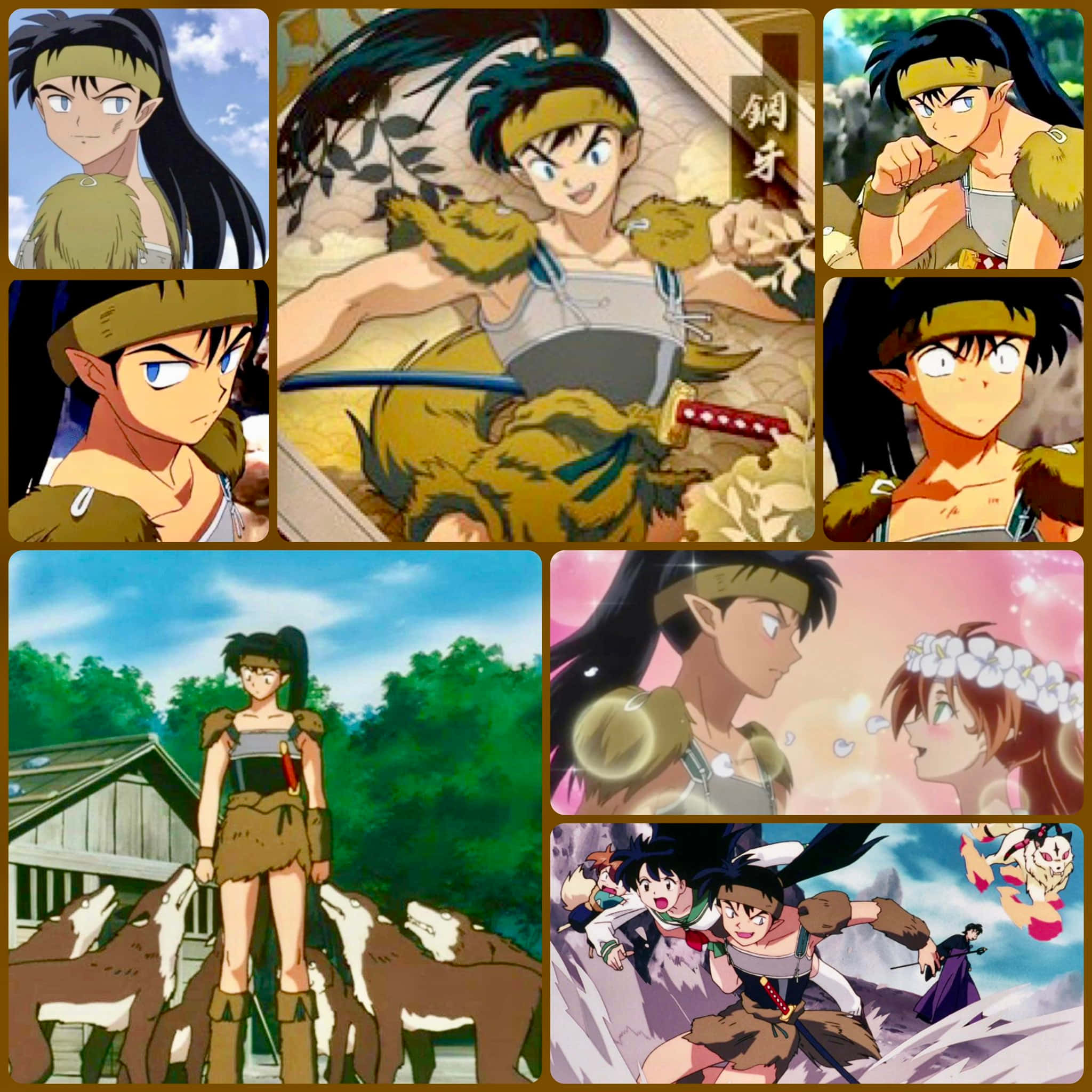 Inuyasha Koga 桌布 壁紙 — 犬夜叉角色在森林和山脈場景中與狼和同伴的各種場景的動漫拼貼畫。