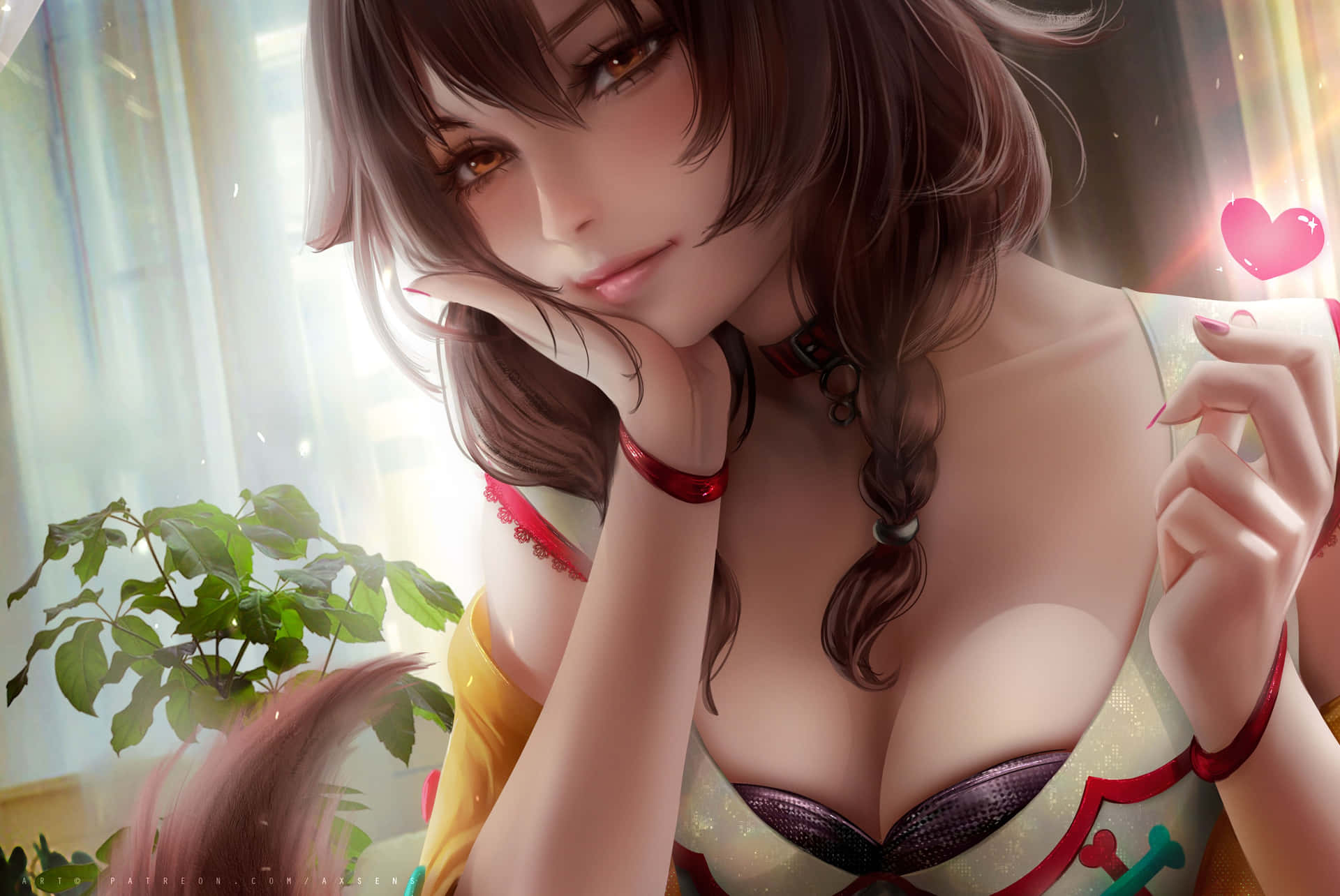 動漫女孩，棕色頭髮和琥珀色眼睛，在窗邊用手托著下巴，旁邊有一盆盆栽。