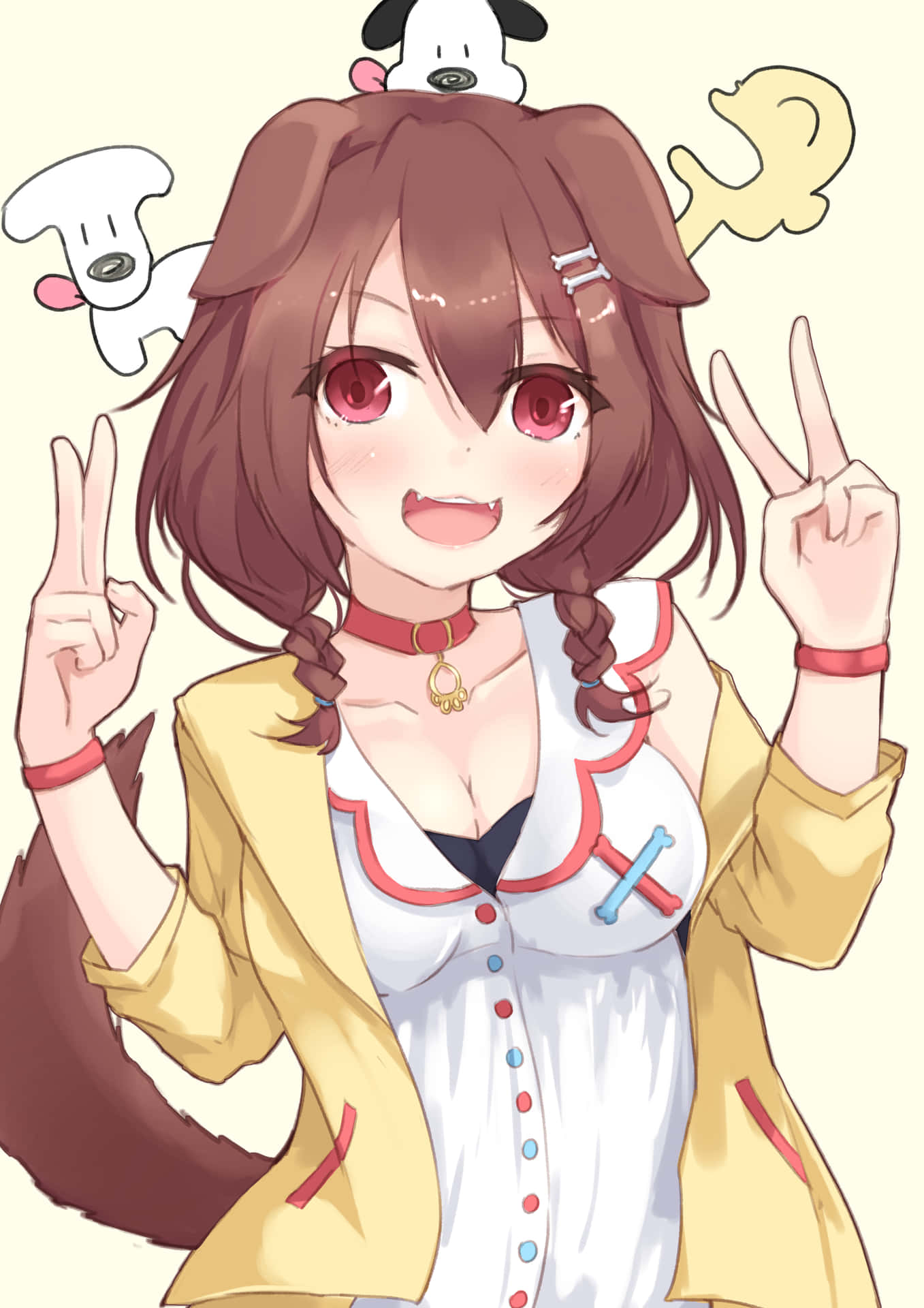 動漫女孩，棕色頭髮和紅色眼睛，與漂浮狗精靈做出和平手勢。
