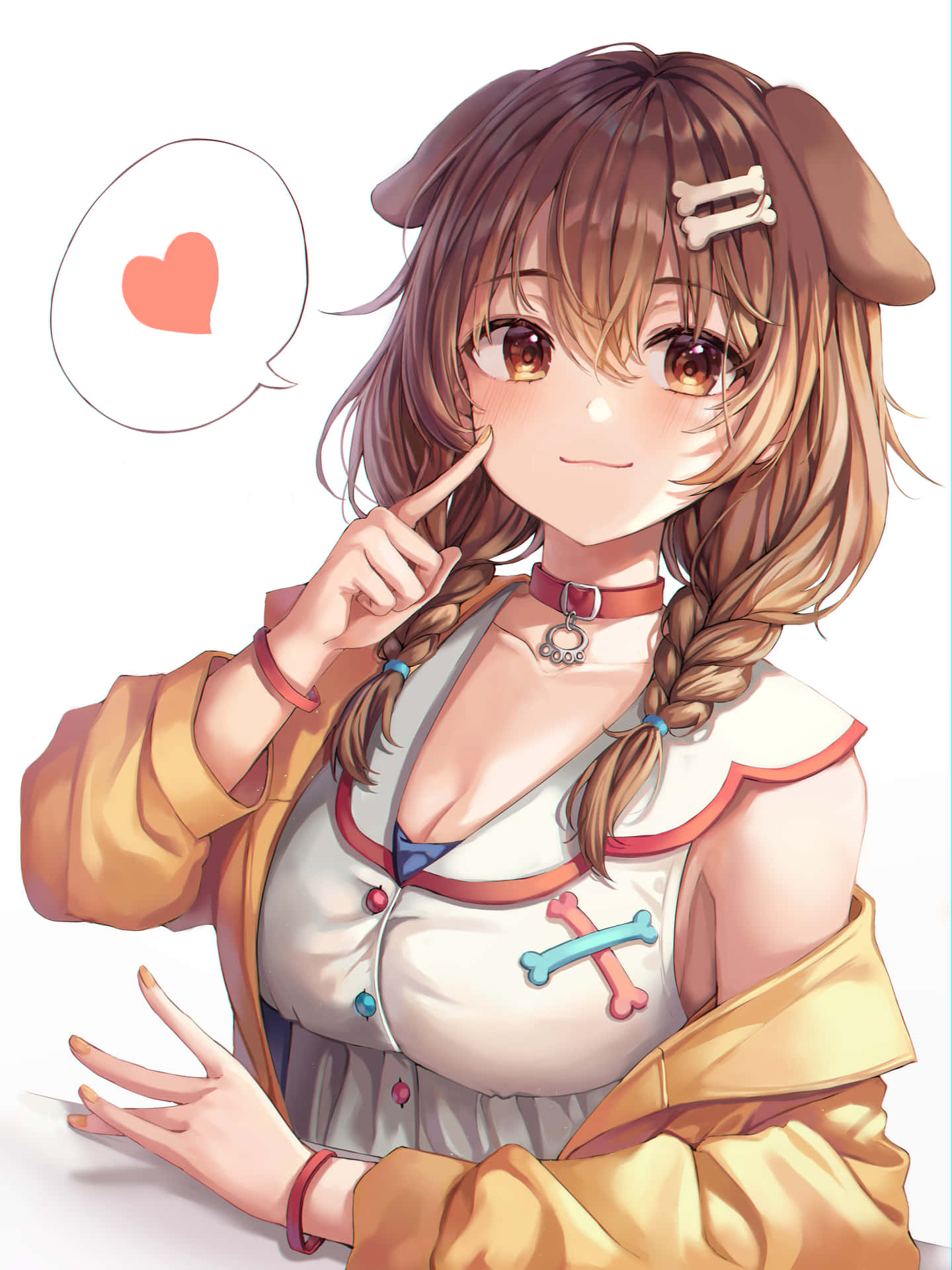 動漫女孩戴著狗耳朵和辮子頭髮，微笑著指向心形對話氣泡。