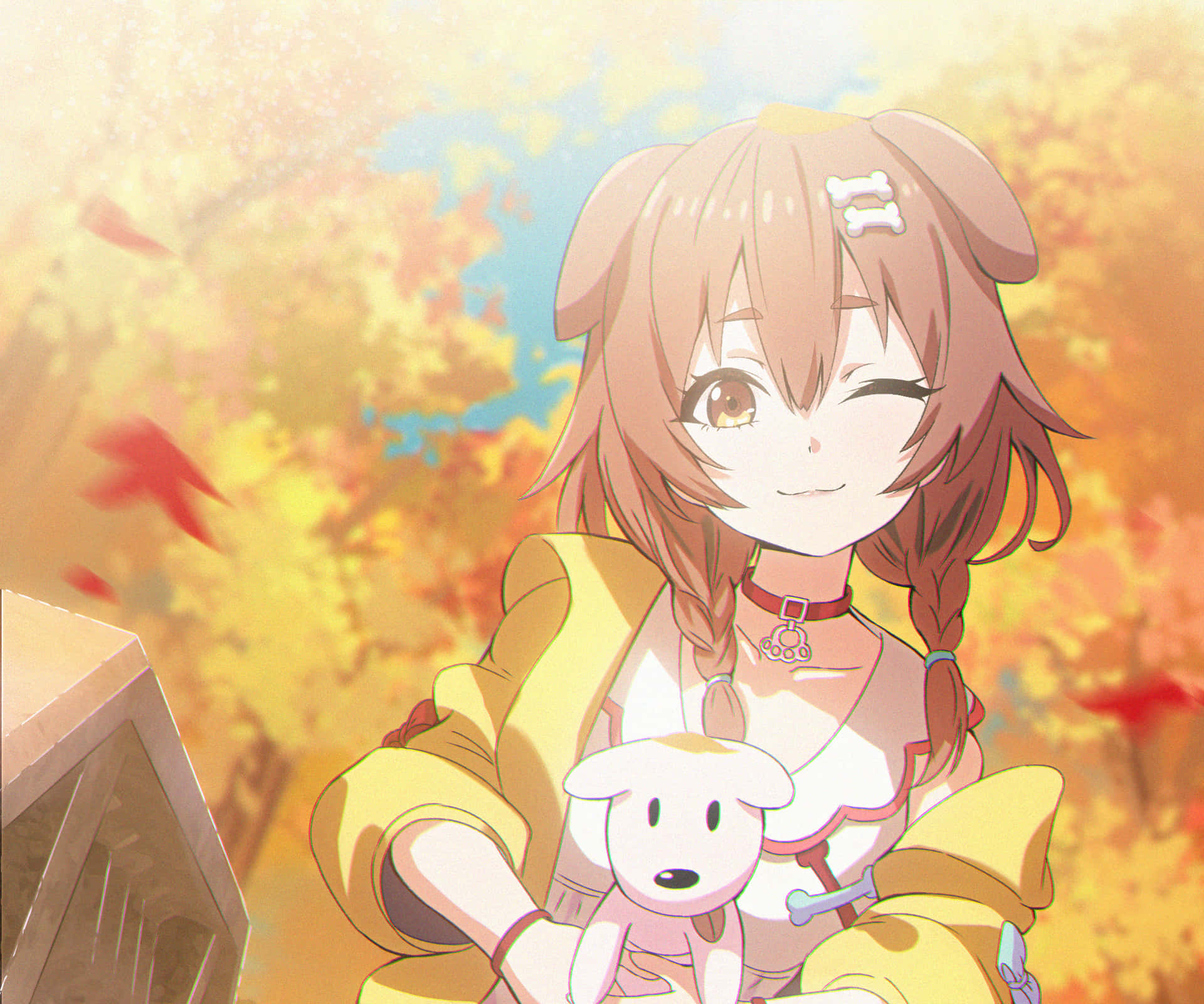 動漫女孩在秋葉中抱著毛絨狗眨眼。