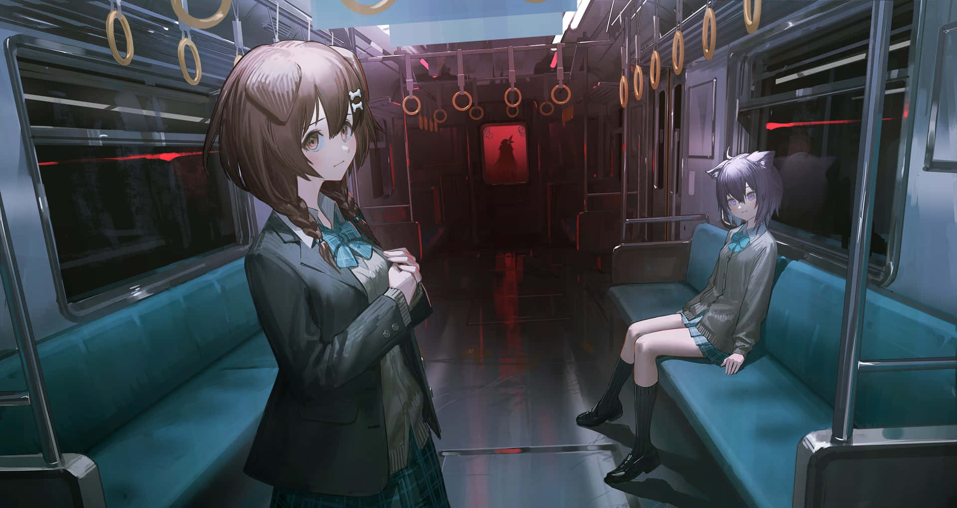 兩個穿著校服的動漫女孩在一輛安靜的地鐵列車上，紅色緊急燈亮著。