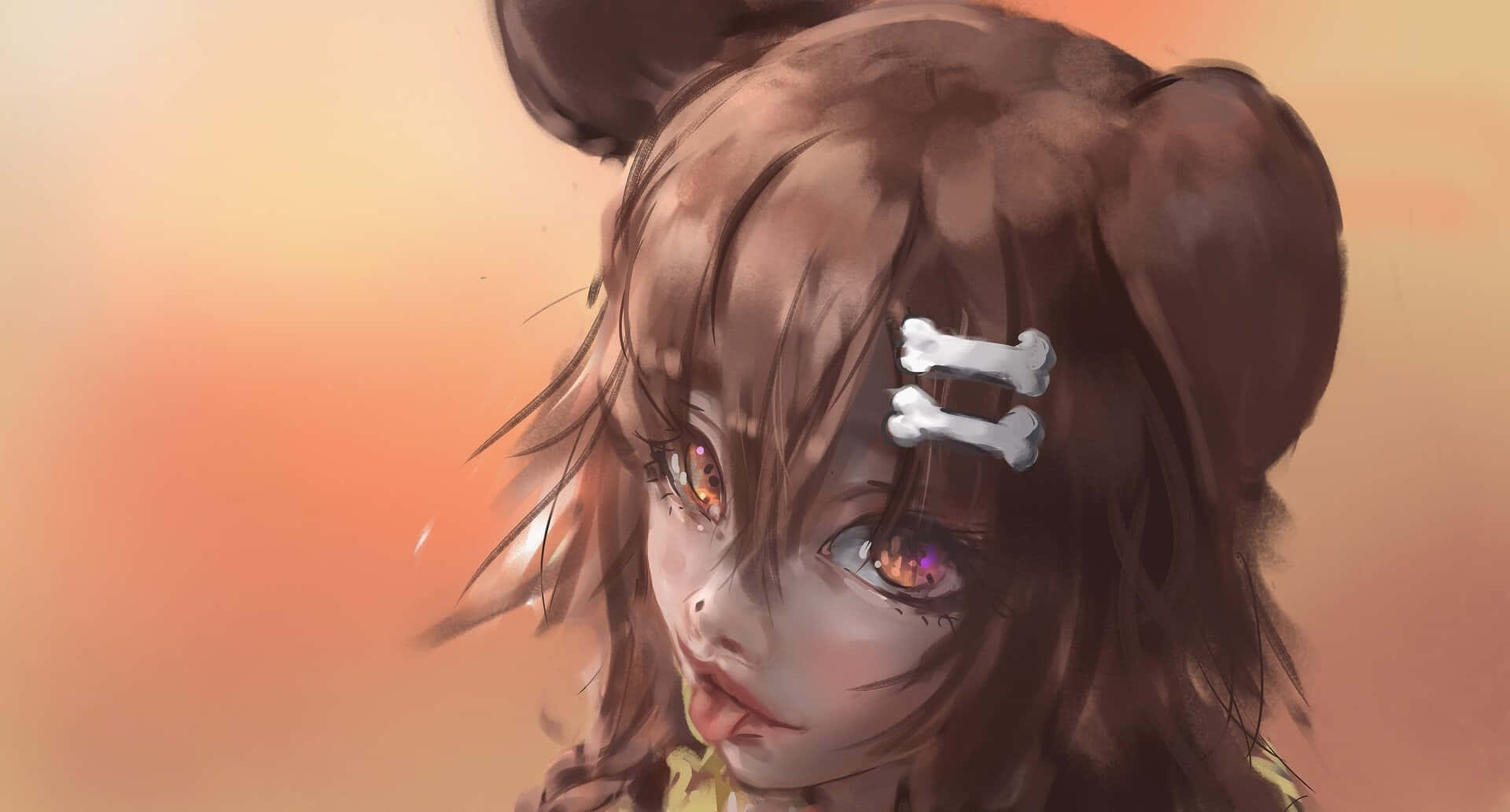 動漫女孩，棕色頭髮和骨頭髮夾，橙色背景