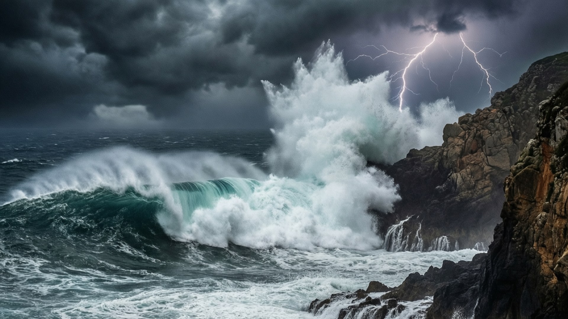 在雷暴下，巨浪撞擊岩石懸崖