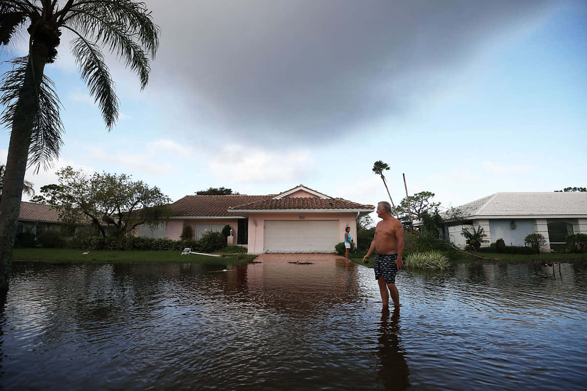 狂暴颶風的威力與威能 壁紙 — 一名男子在暴風雨的天空下，於住宅區涉水而行，棕櫚樹和房屋部分被淹沒。