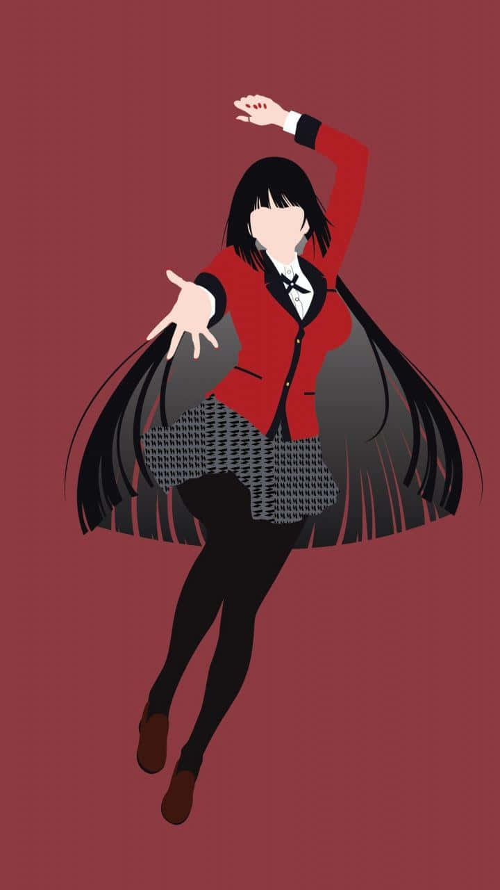 《狂賭之淵》Yumeko 動畫圖像 壁紙 — 一個風格化的動漫女孩，穿著紅色外套和黑色裙子，在純栗色背景上動感地跳舞。