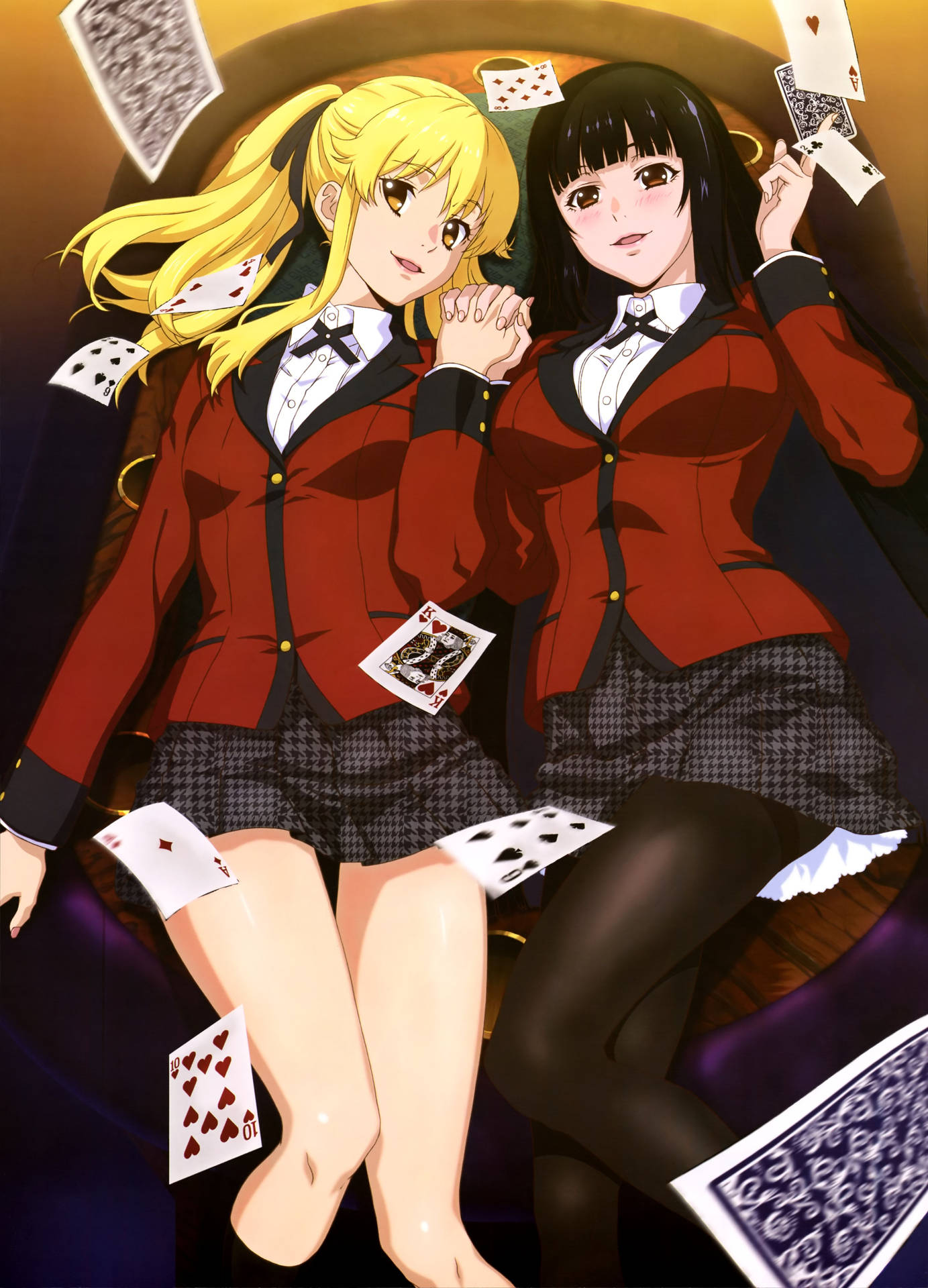兩個穿著紅色校服的動漫女孩坐著，漂浮的撲克牌。