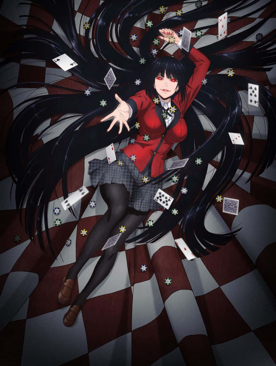 《狂賭之淵》主要主角圖像 壁紙 — 一位黑髮動漫女孩穿著紅色西裝外套，在棋盤格地板上的發光花朵和飄落的撲克牌中漂浮。