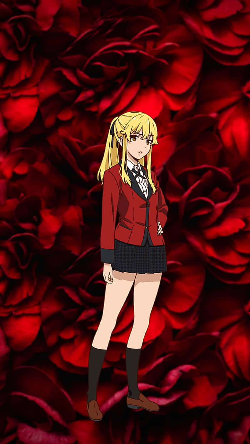 《狂賭之淵》主角圖像 壁紙 — 一位金髮動漫女孩穿著紅色西裝外套，自信地站在深紅玫瑰的背景前。