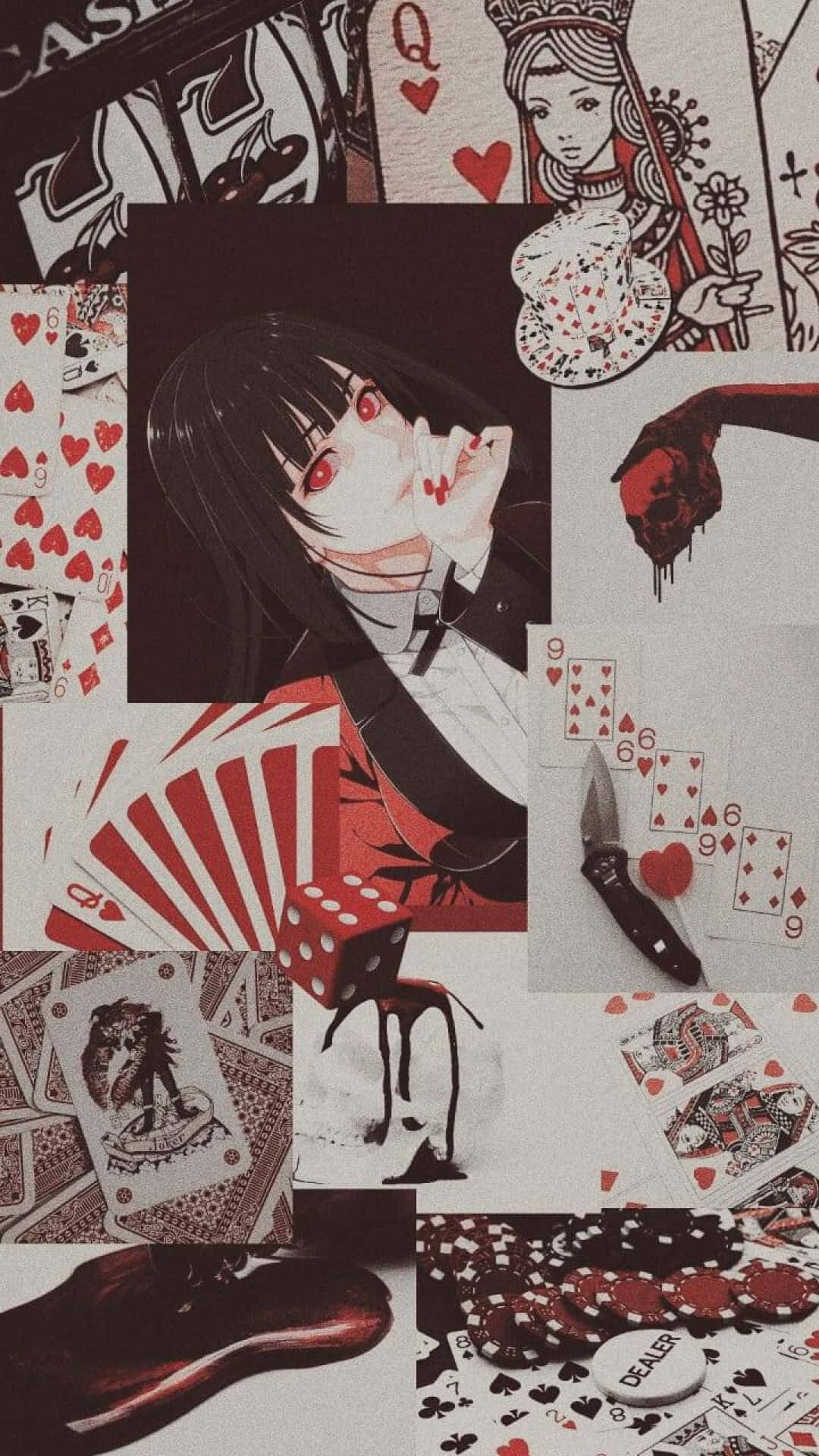 《狂賭之淵》主角矢澤菫的刺激賭局 壁紙 — 一個黑暗動漫女孩，紅眼睛黑頭髮，拿著一張撲克牌，周圍散落著籌碼、骰子和撲克牌，營造出憂鬱的拼貼畫。