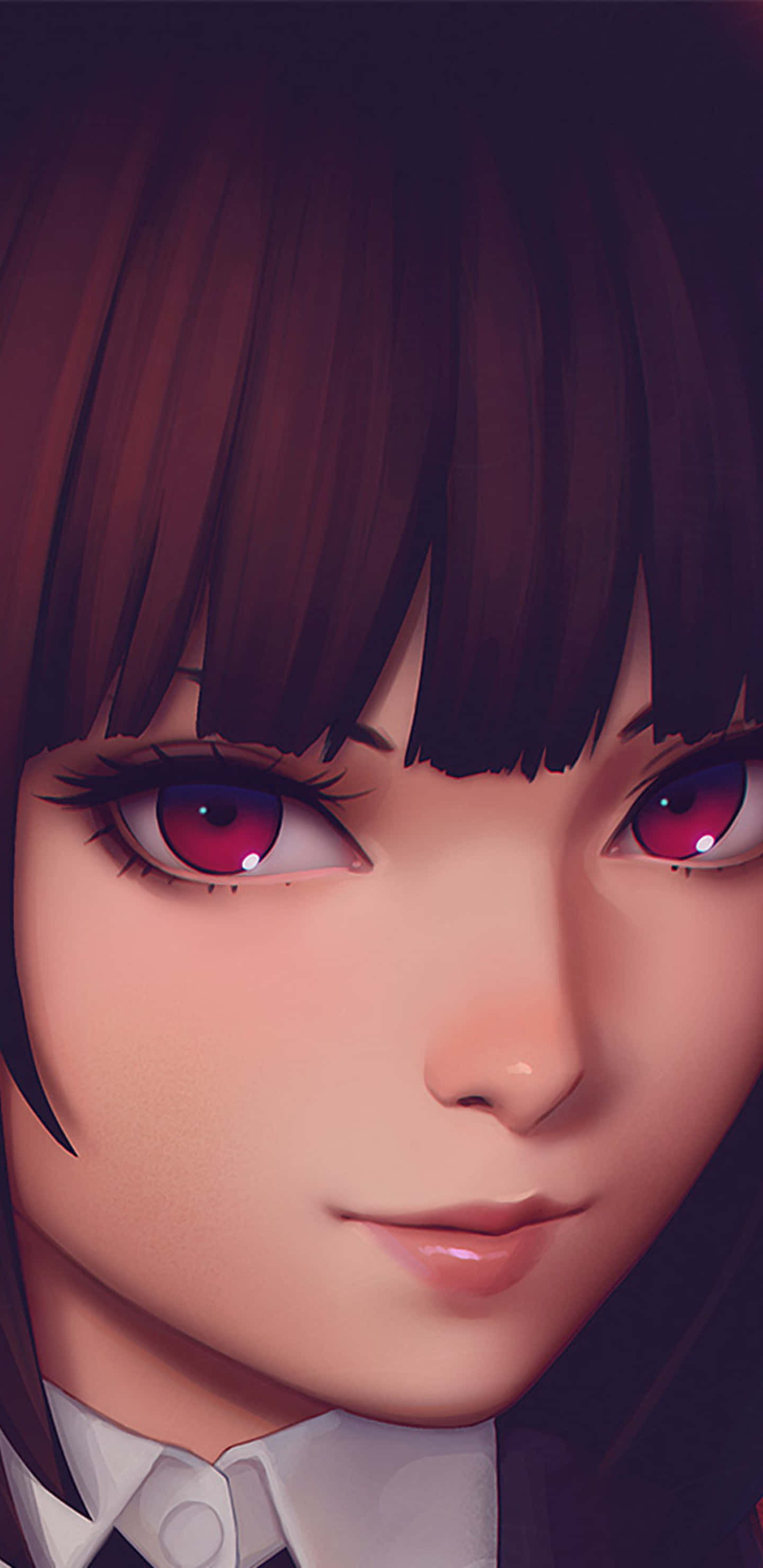 《狂賭之淵》主角矢澤菫的強烈凝視 壁紙 — 近距離拍攝一位動漫女孩，擁有引人注目的紅眼睛和深棕色頭髮，穿著白色有領襯衫。