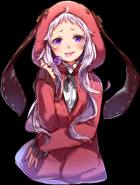 《狂賭之淵》動畫角色穿紅色連帽衫 壁紙 — 一個開心的動畫女孩，銀色頭髮，紫色眼睛，穿著紅色連帽衫，在黑色背景前拿著棒棒糖。