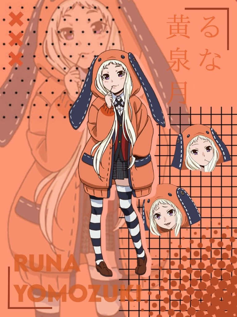 動漫角色 Runa Yomozuki 穿著橙色兔子連帽衫和條紋襪子。