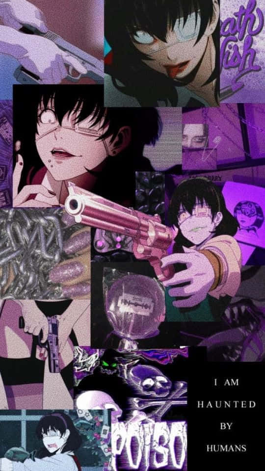 《狂賭之淵》池田千鶴畫面 壁紙 — 一張黑暗動漫拼貼畫，角色手持粉紅色左輪手槍，背景為紫色，帶有文字和詭異圖像。