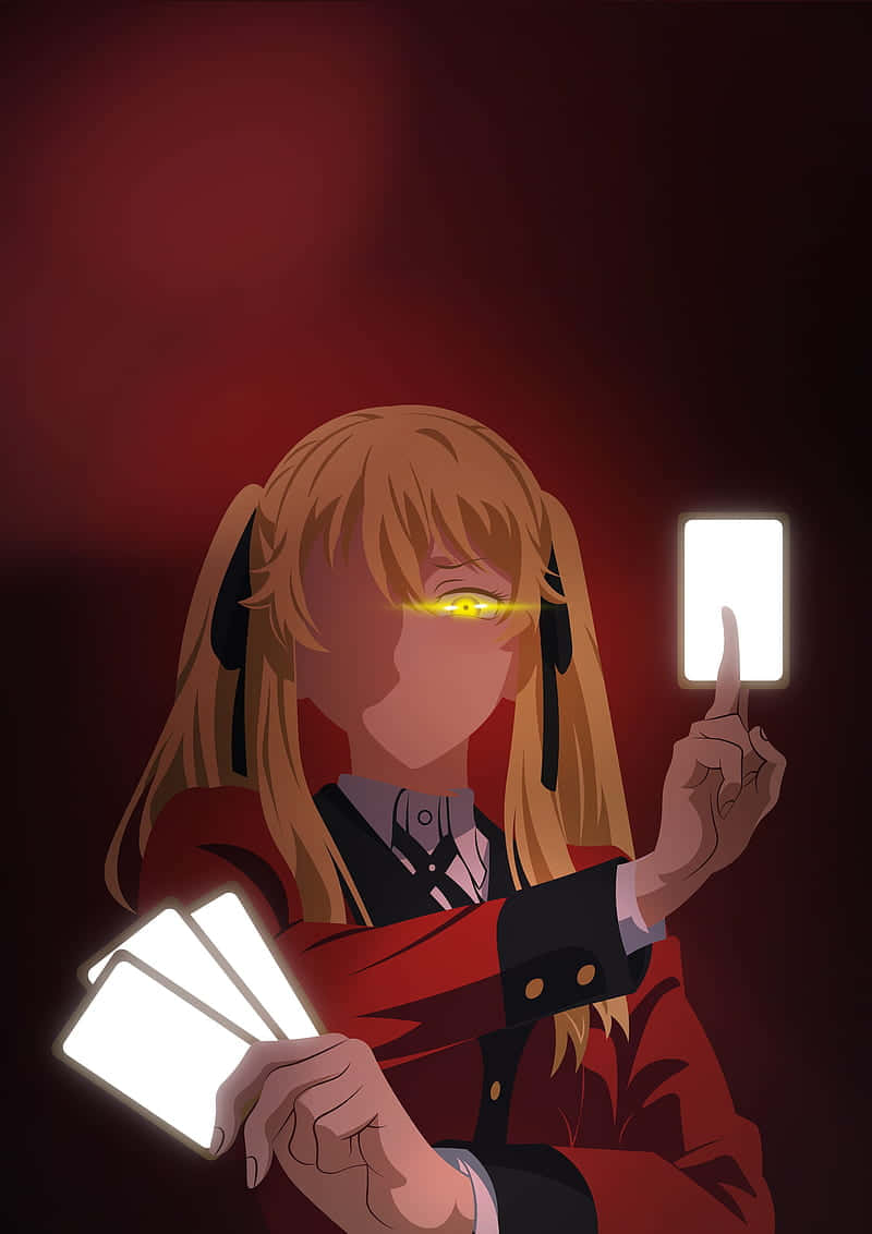 《狂賭之淵》癮賭者瑪莉圖像 壁紙 — 一個穿著紅色制服、眼睛發光的動漫女孩，在深紅色背景下拿著發光的卡片。