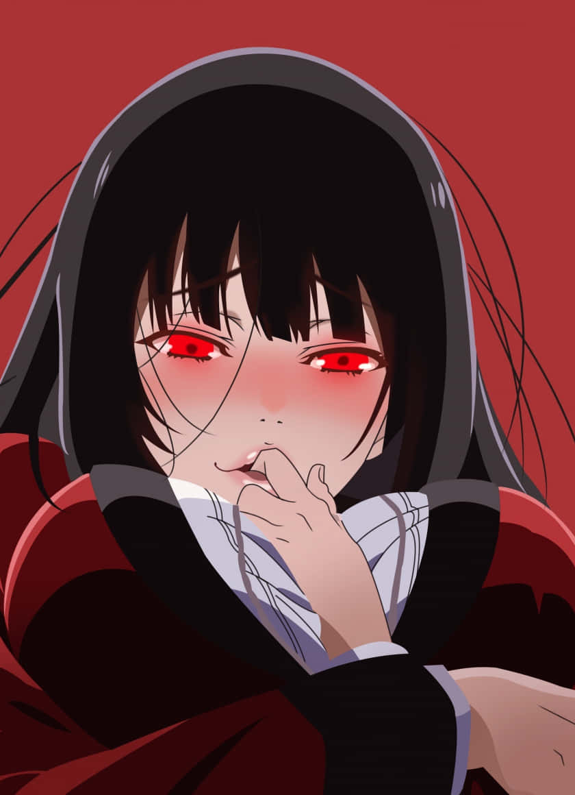 《狂賭之淵》系列主角——矢澤菫 壁紙 — 一個戴著連帽衫的動漫女孩，眼睛發出紅光，手指放在嘴唇上，背景是深紅色。