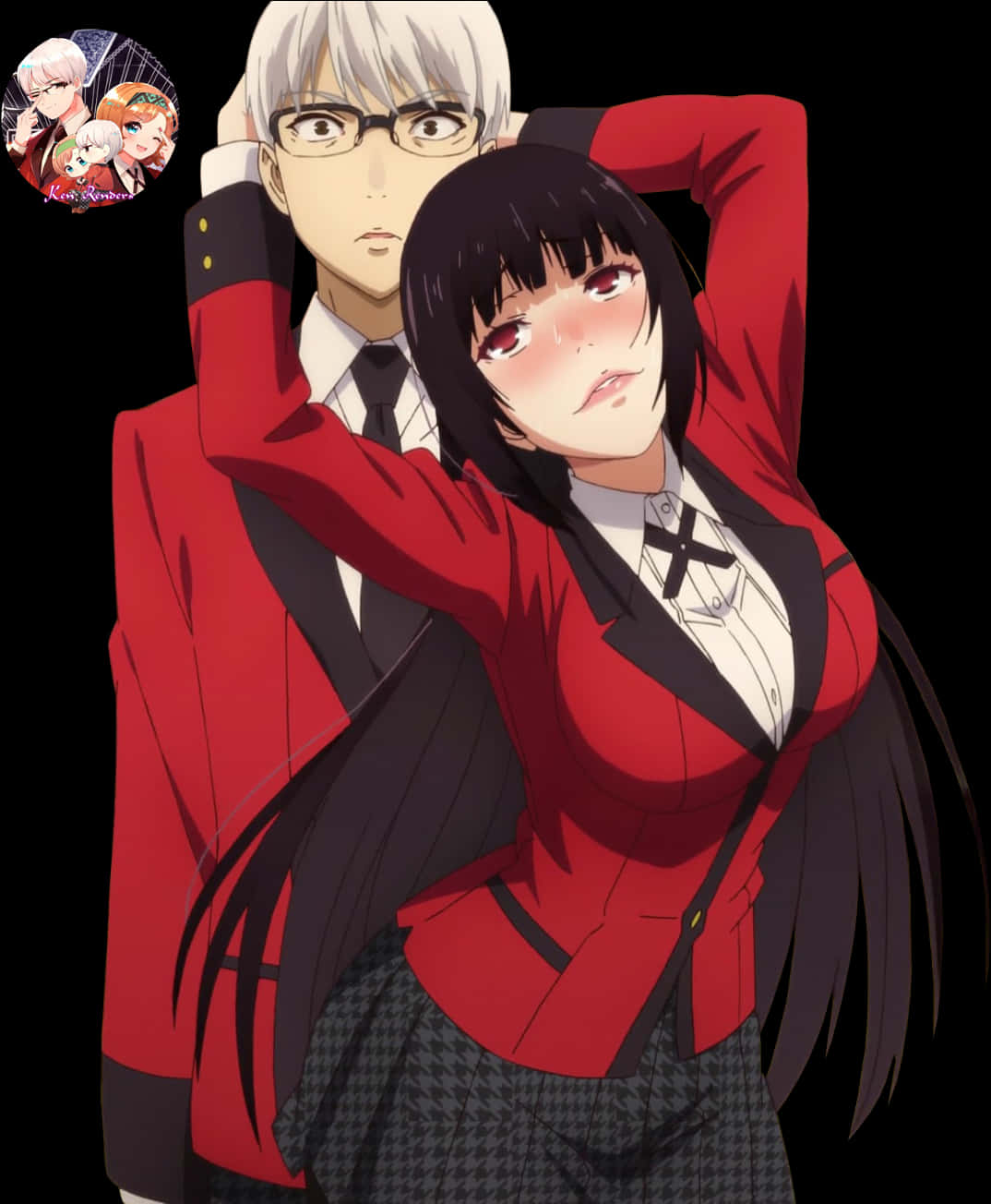 《狂賭之淵》角色：雪之下雪乃與早乙女芽亞里 壁紙 — 兩個穿著紅色校服的動漫角色在黑色背景上親密擺姿勢，角落有一個小圓形標誌。