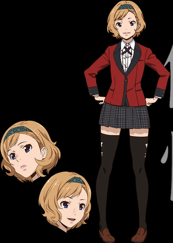 《狂賭之淵》角色早乙女芽亞里 壁紙 — 動漫女孩穿著紅色西裝外套和格子裙，雙手叉腰自信地站立，伴隨著兩個表情豐富的臉部特寫，背景為黑色。