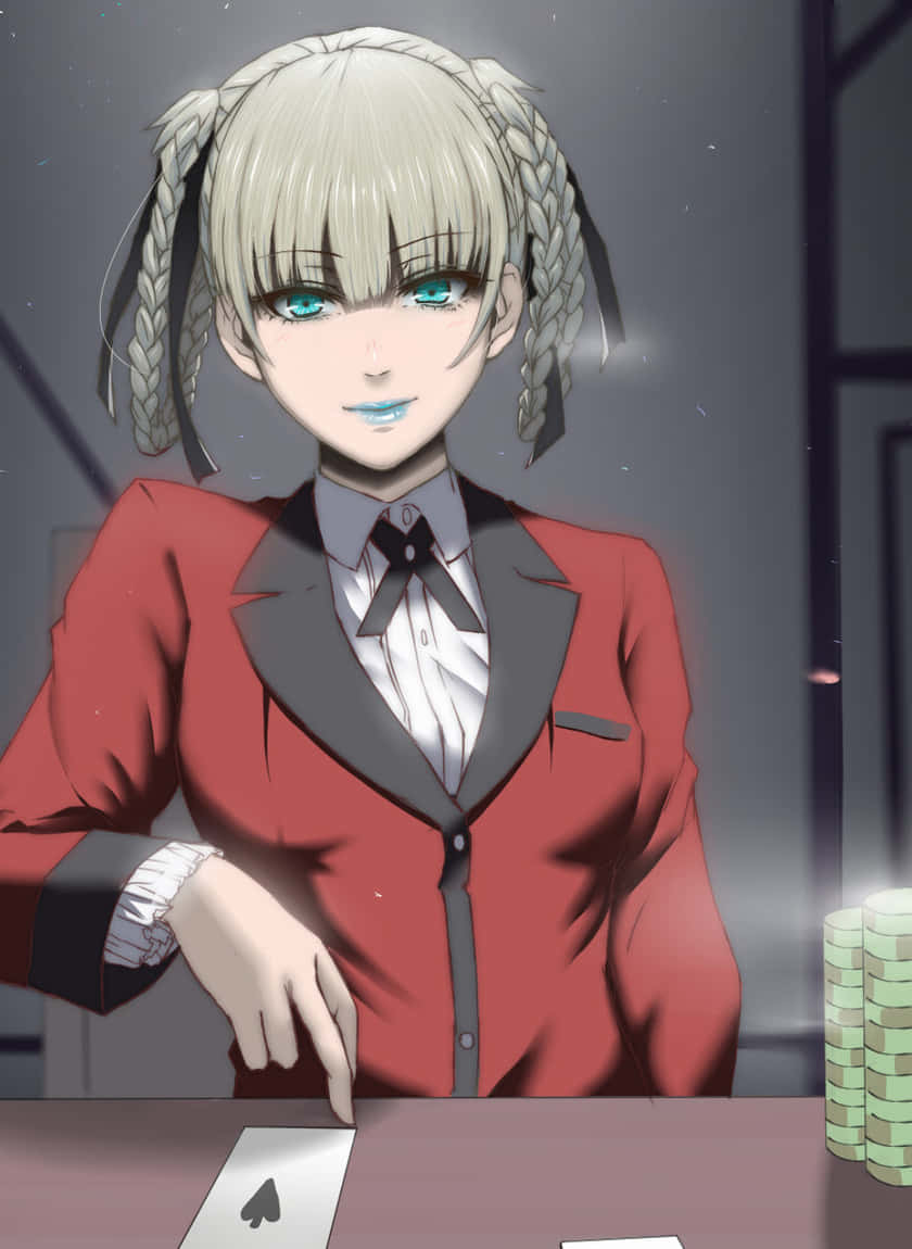 《狂賭之淵》魅惑眼神圖像 壁紙 — 一個金髮辮子藍眼動漫女孩，身穿紅色西裝外套，在堆滿綠色籌碼的桌上玩牌。