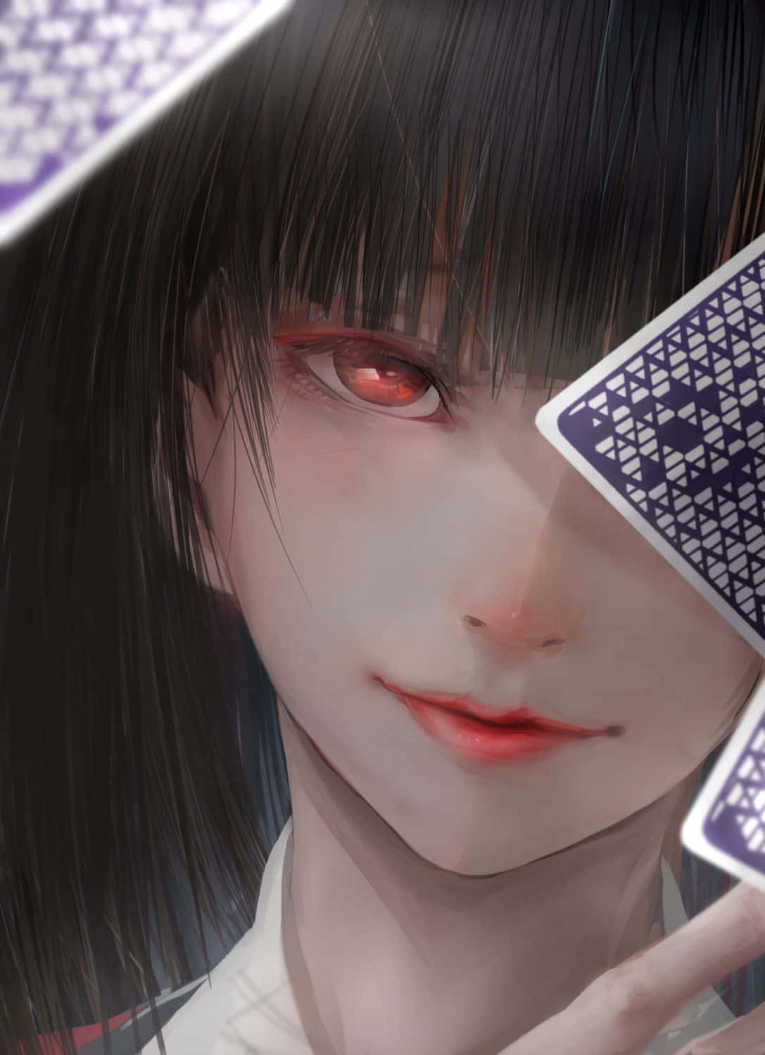 《狂賭狂潮》由美子展現其對賭博的熱愛 壁紙 — 一個特寫動漫女孩，擁有發光的紅眼睛和黑髮，將撲克牌靠近她的臉。