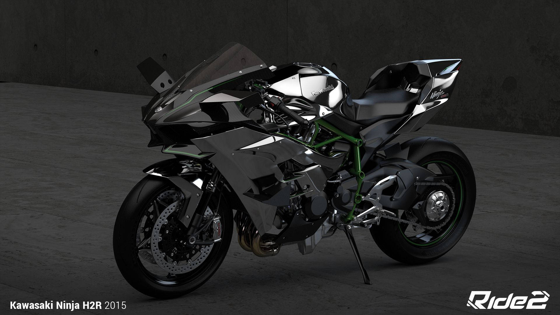 型格黑色Kawasaki Ninja H2R 2015電單車，帶有綠色點綴，在混凝土車庫中。