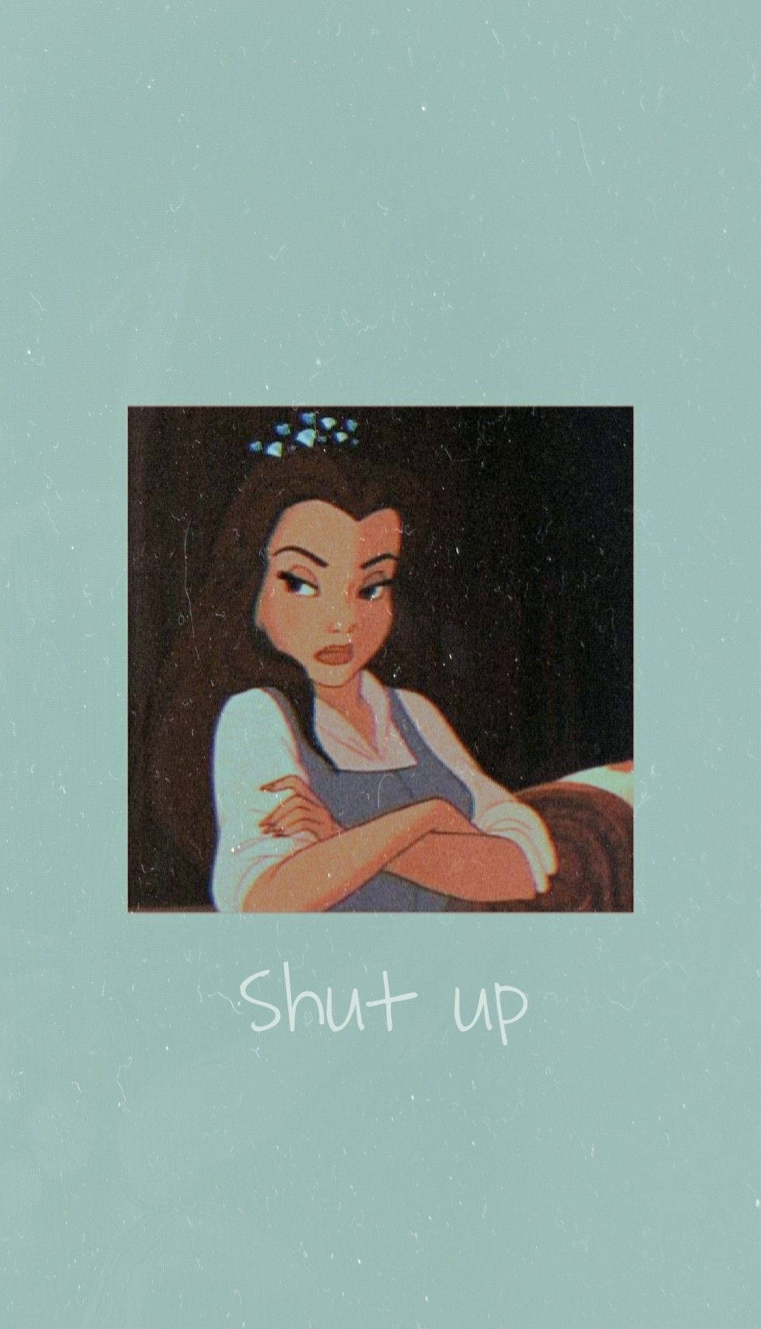 一個動漫風格的女人，雙臂交叉，表情嚴肅，下方有文字「Shut up」。