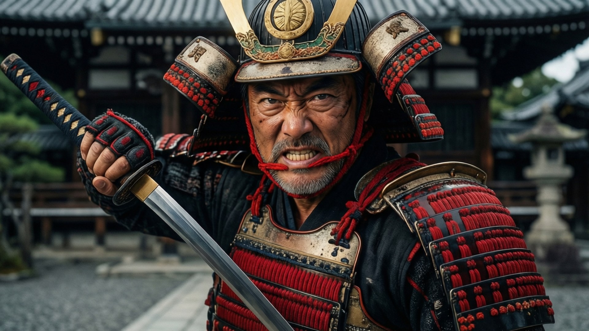 一位身穿紅黑盔甲的年長武士，在寺廟附近握著一把武士刀，表情兇猛。