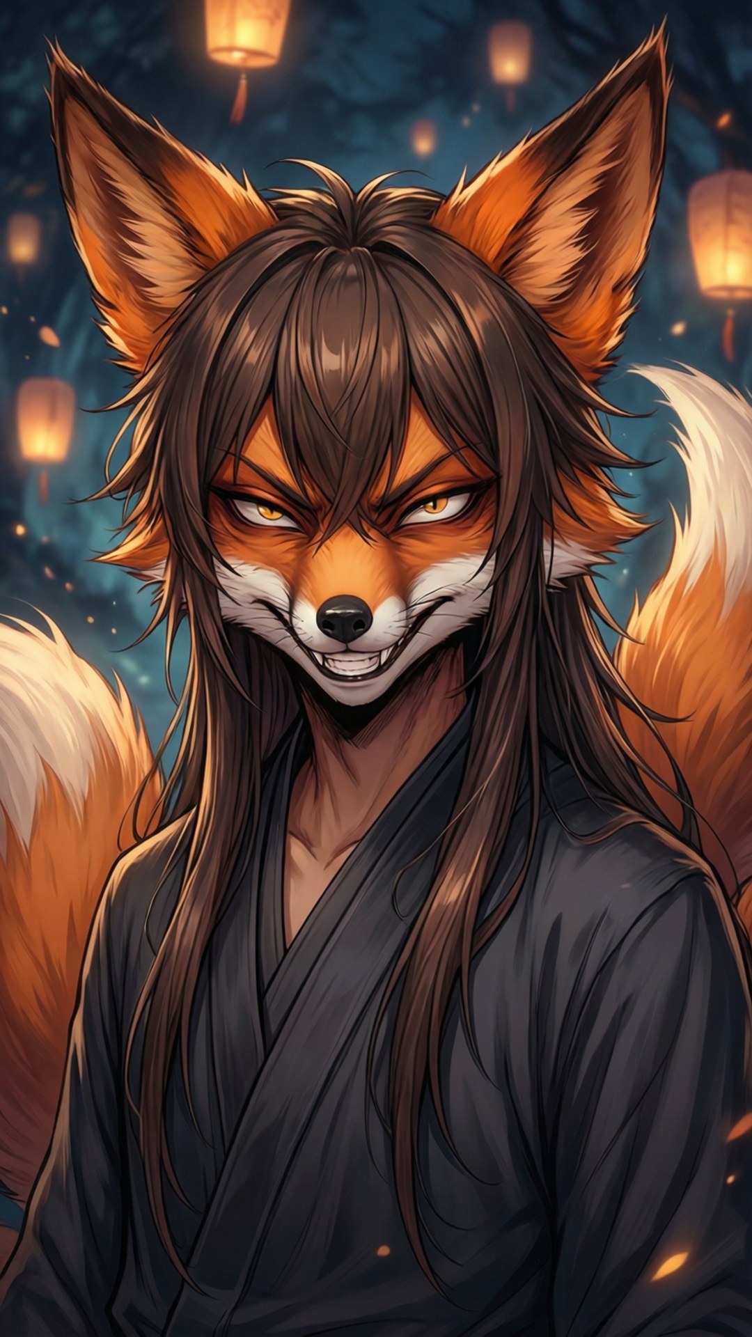 一隻兇猛擬人化的狐狸，長著長髮和發光的眼睛，在夜晚穿著深色長袍，漂浮的燈籠下。