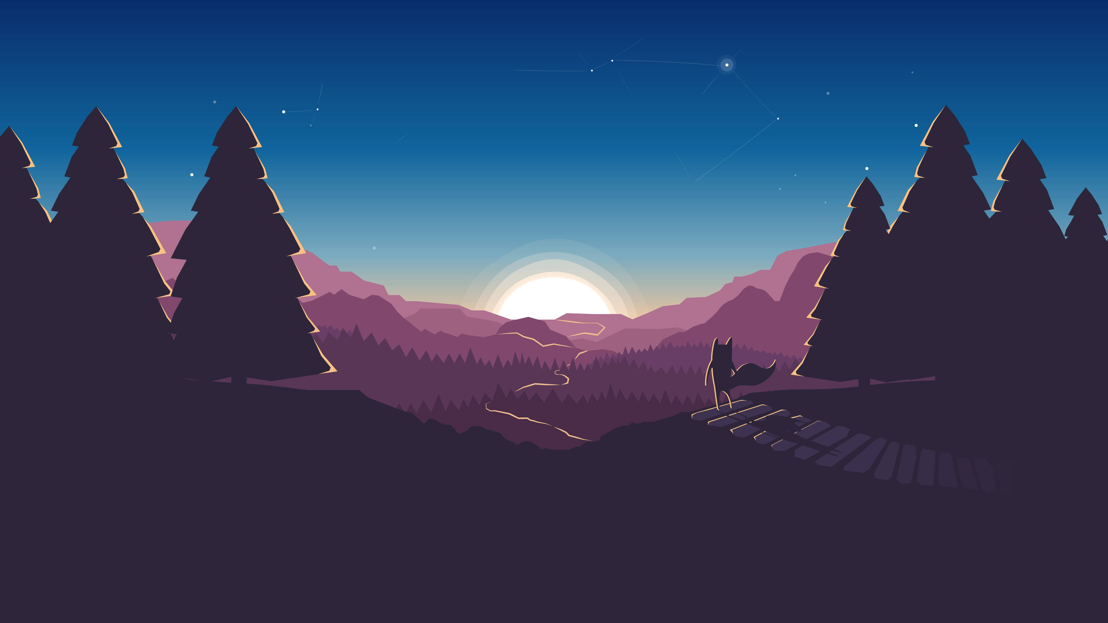 狐狸夕陽向量藝術 壁紙 — 一隻孤獨的狐狸在黃昏時站在木橋上，俯瞰著星空下紫色的山脈和松樹。