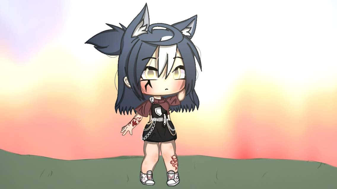 有貓耳嘅Q版動漫女仔企喺日落草地上