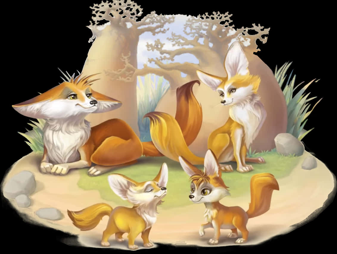 狐狸家族插畫 壁紙