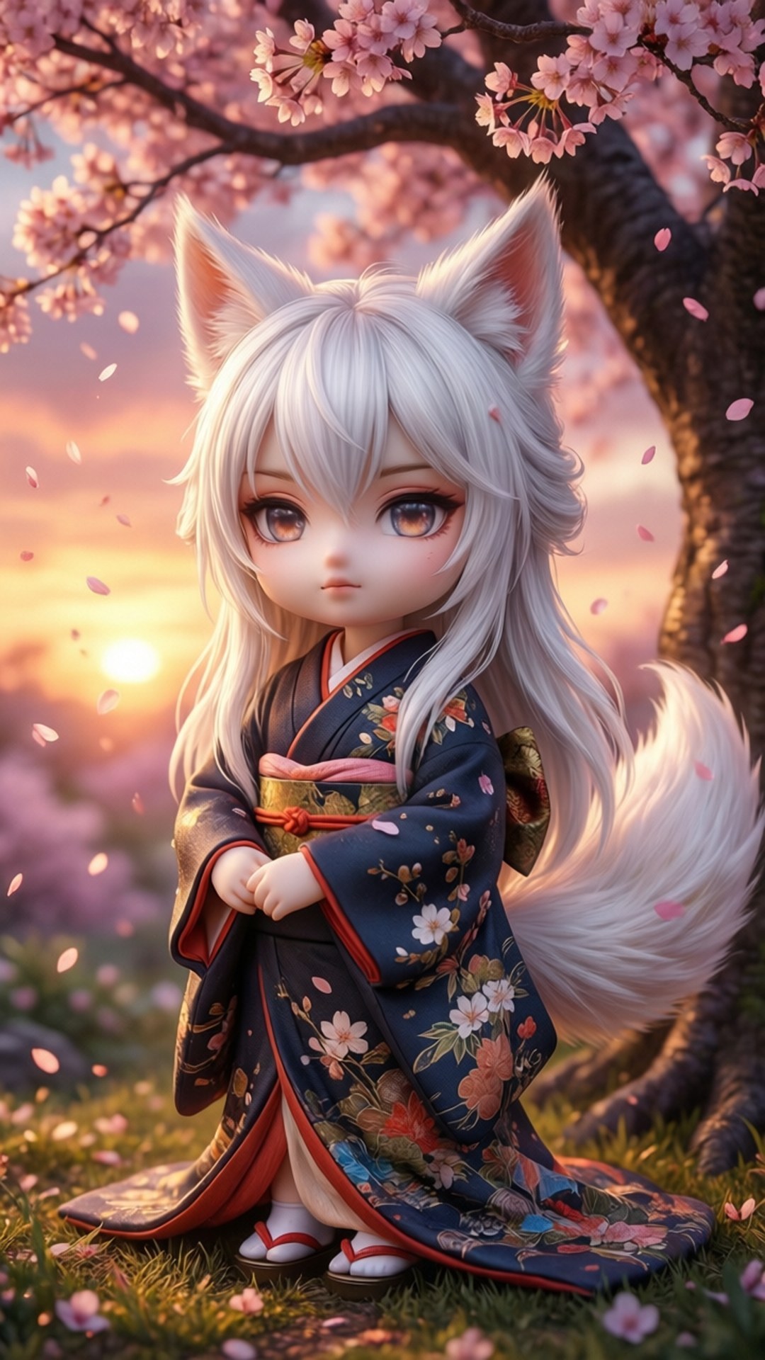一個穿著花卉和服的可愛狐狸女孩在夕陽下坐在櫻花樹下