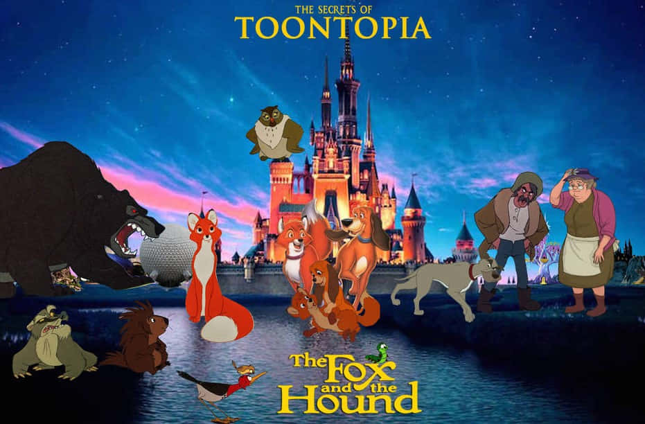 the fox and the hound 桌布 壁紙 — 《狐狸與獵狗》的動畫角色在星光燦爛的黃昏天空下，聚集在發光的城堡前。