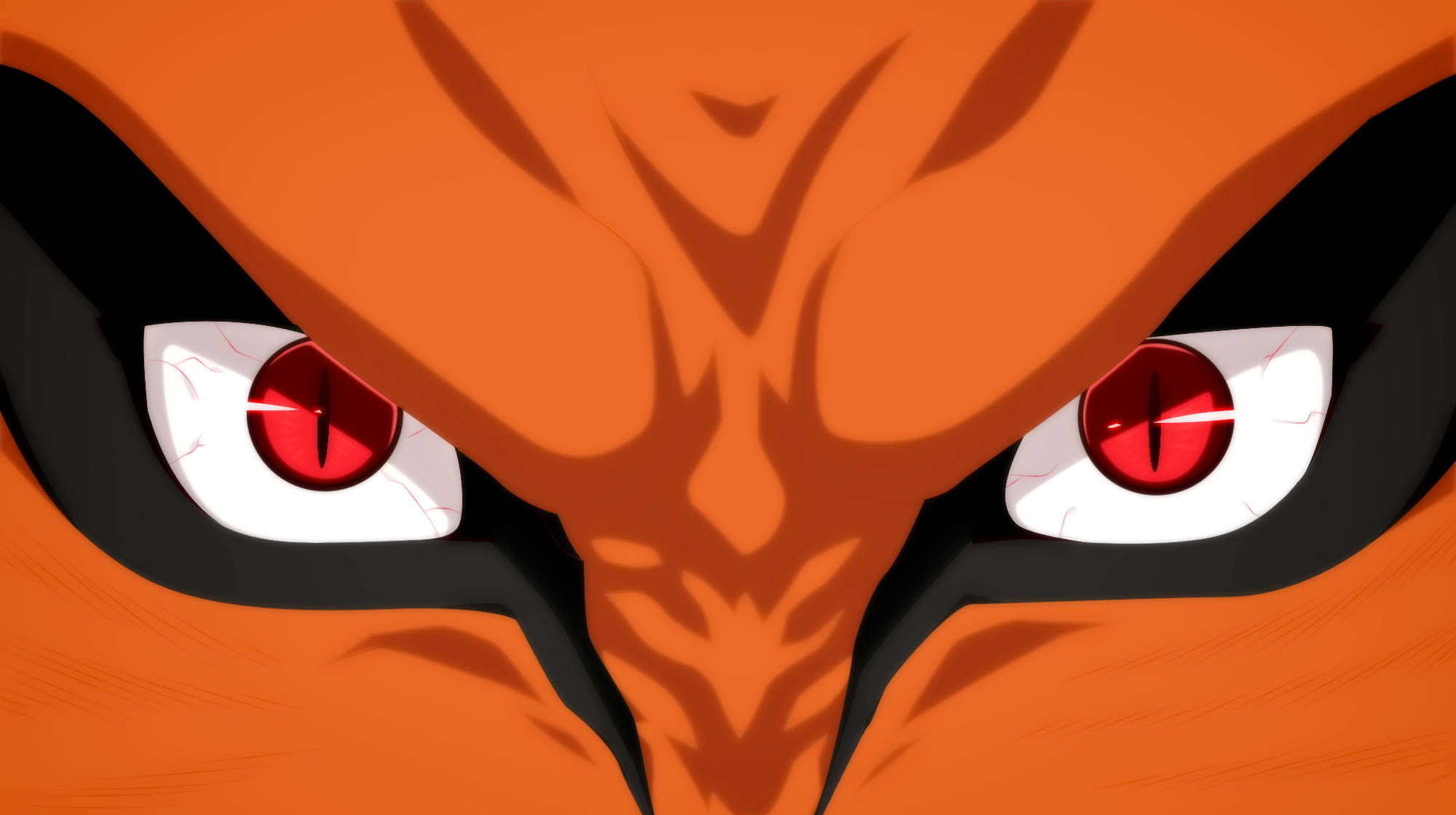 Kurama 桌布 壁紙 — 狐狸般動漫角色發光紅眼的強烈特寫，帶有黑色斑紋和橙色毛髮。