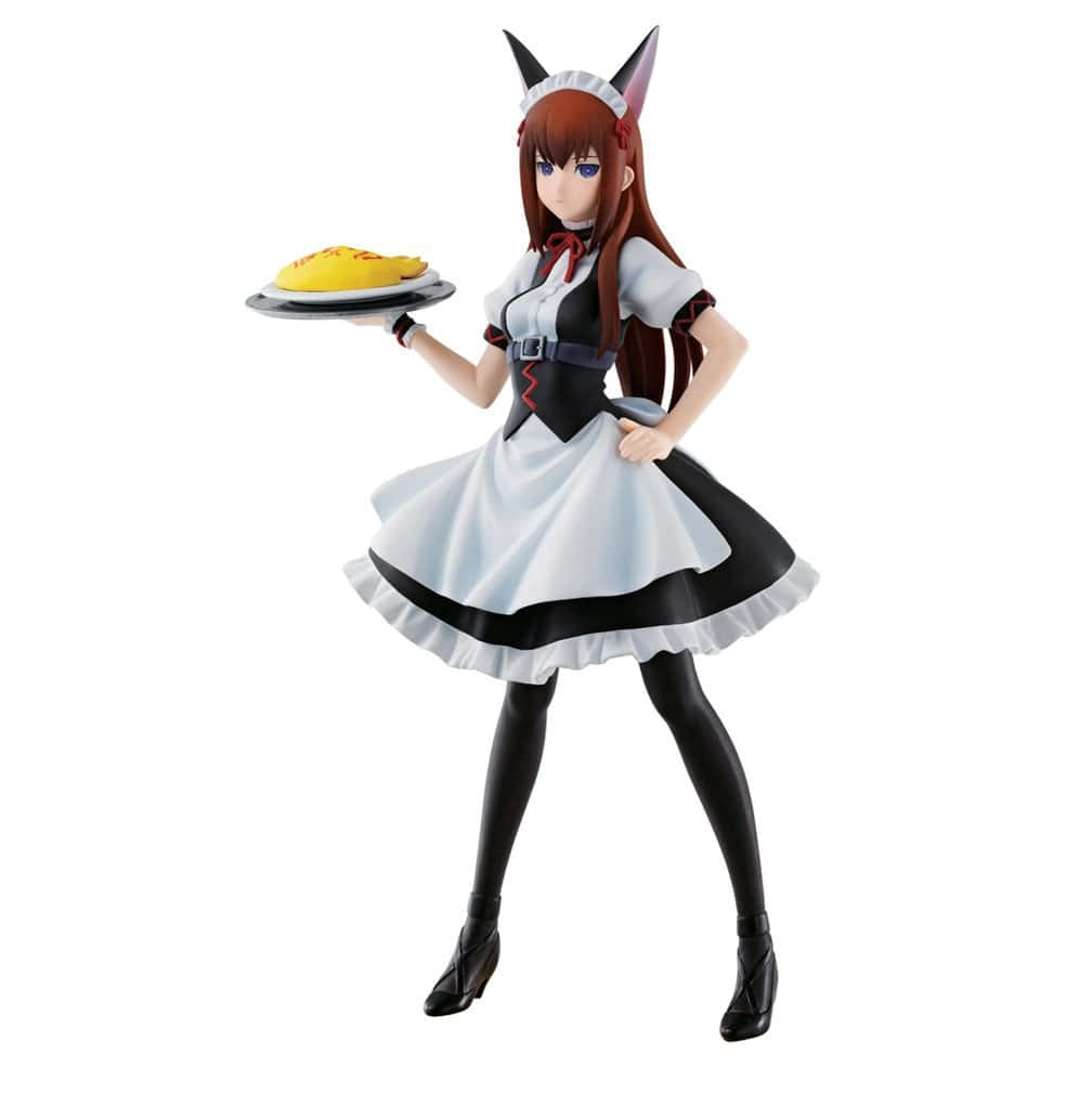 kurisu makise 桌布 壁紙 — 狐耳女僕動漫人偶，手持托盤，托盤上有一塊黃色蛋糕，背景為純白色。