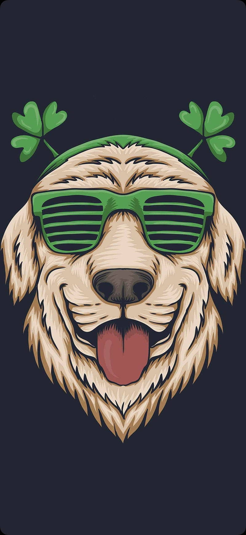 快樂的金毛尋回犬戴着綠色太陽眼鏡和酢漿草頭帶。
