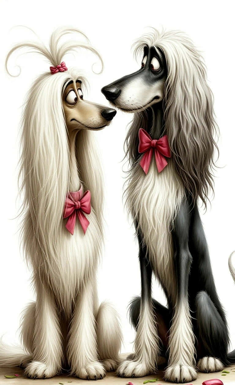 兩隻戴著紅色蝴蝶結的阿富汗獵犬坐著互相凝視。