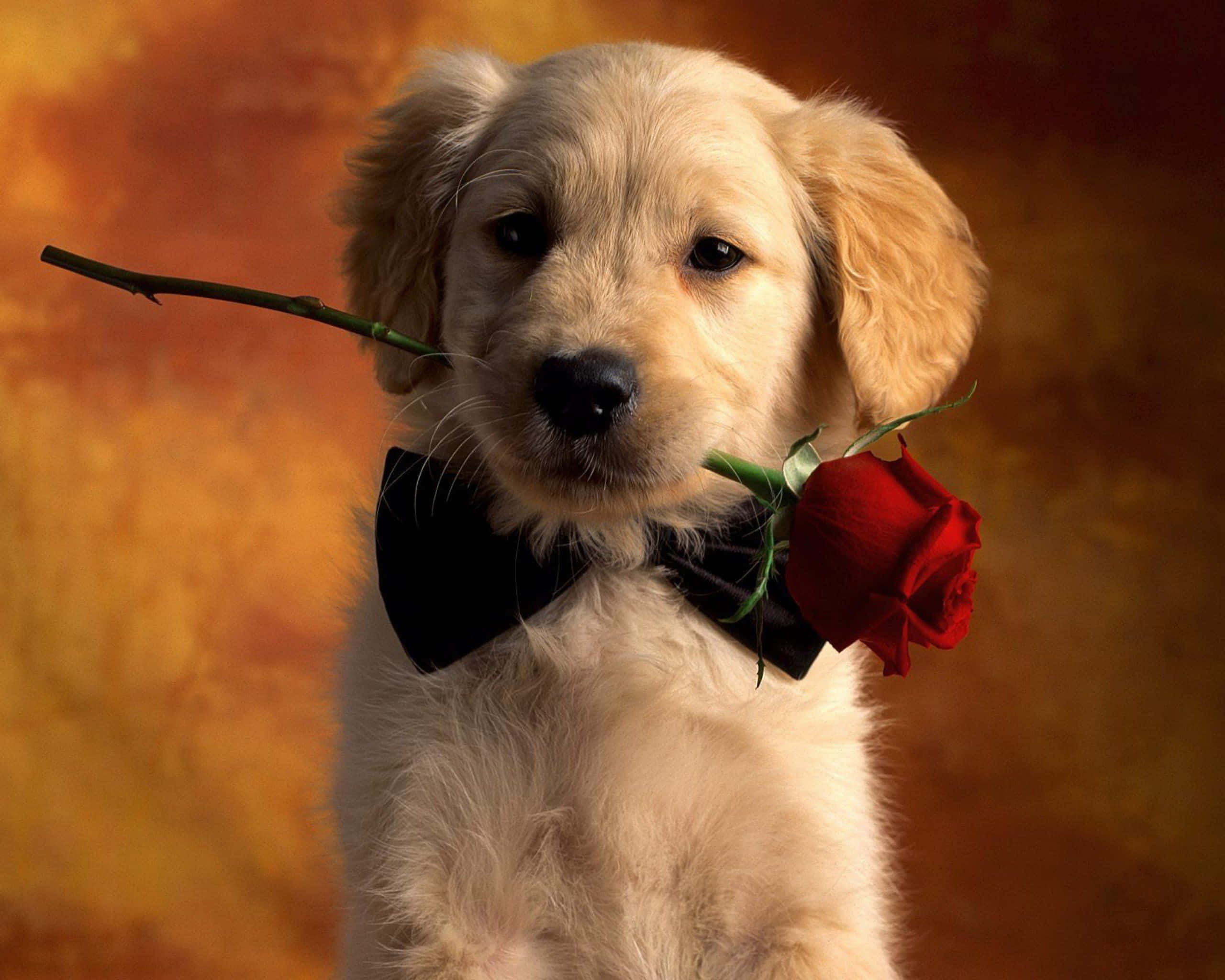 狗狗嘴叼玫瑰花圖 壁紙 — 一隻戴著黑色蝴蝶結的金毛尋回犬幼犬，嘴裡叼著一朵紅玫瑰，背景是溫暖的金色。