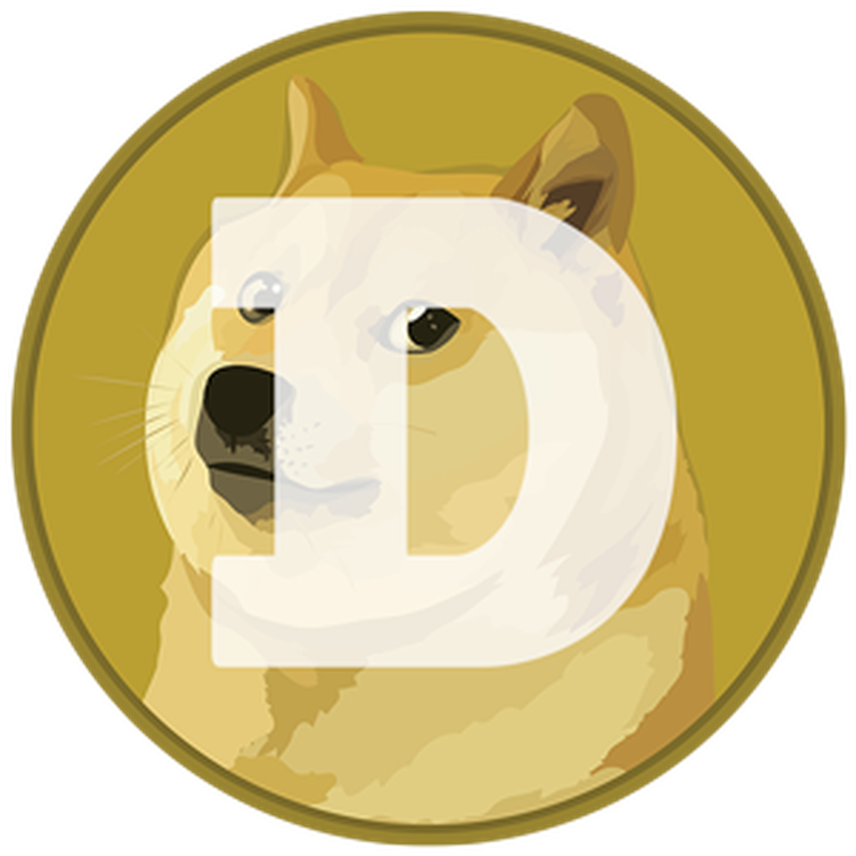 狗狗幣加密貨幣標誌 壁紙 — 一枚金幣上有一隻柴犬的臉，胸前有一個大的白色字母D。