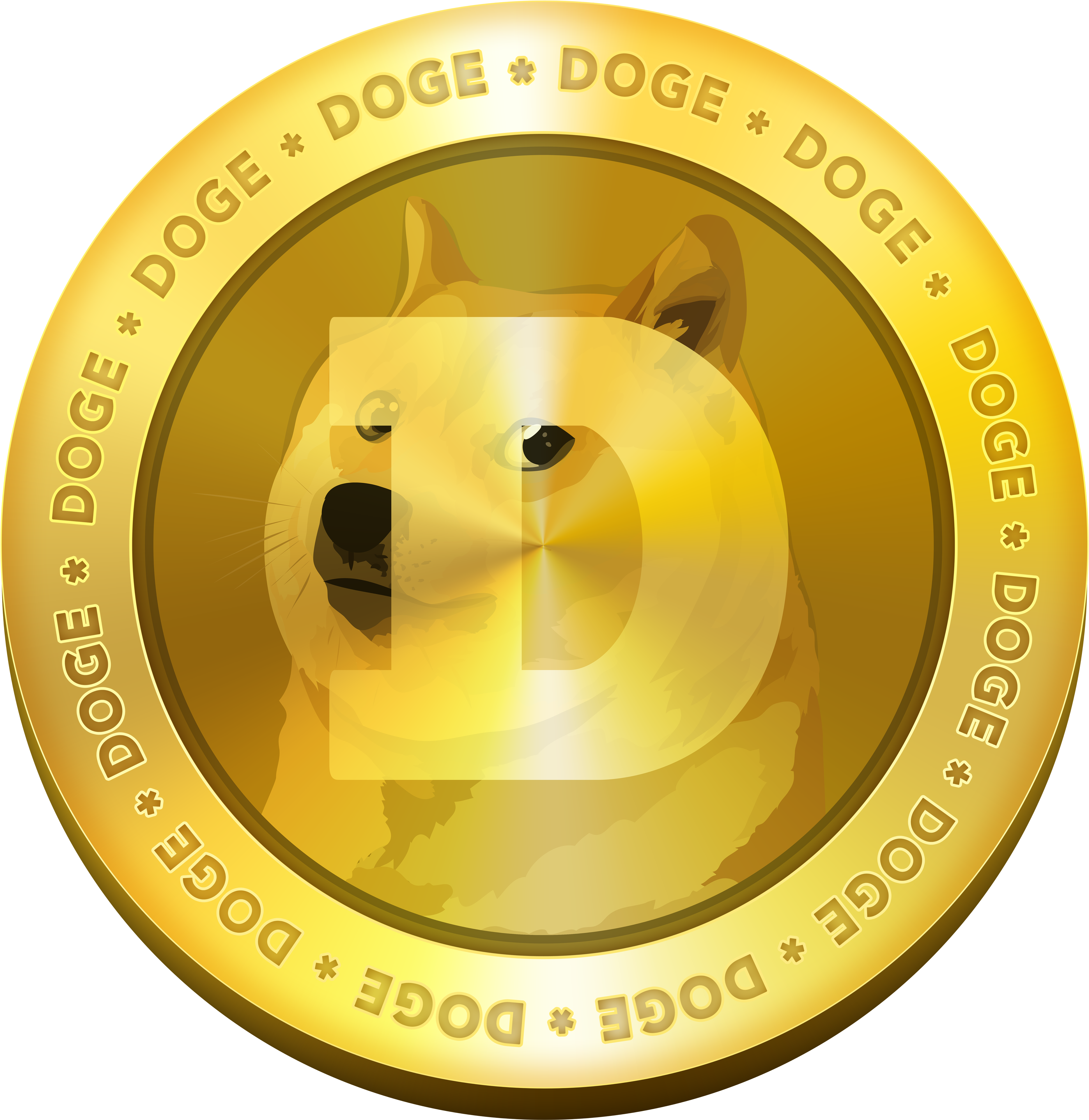 狗狗幣加密貨幣標誌 壁紙 — 一枚金色 Dogecoin 代幣，上面有柴犬臉孔，疊加字母 D，邊緣重複 'DOGE'。